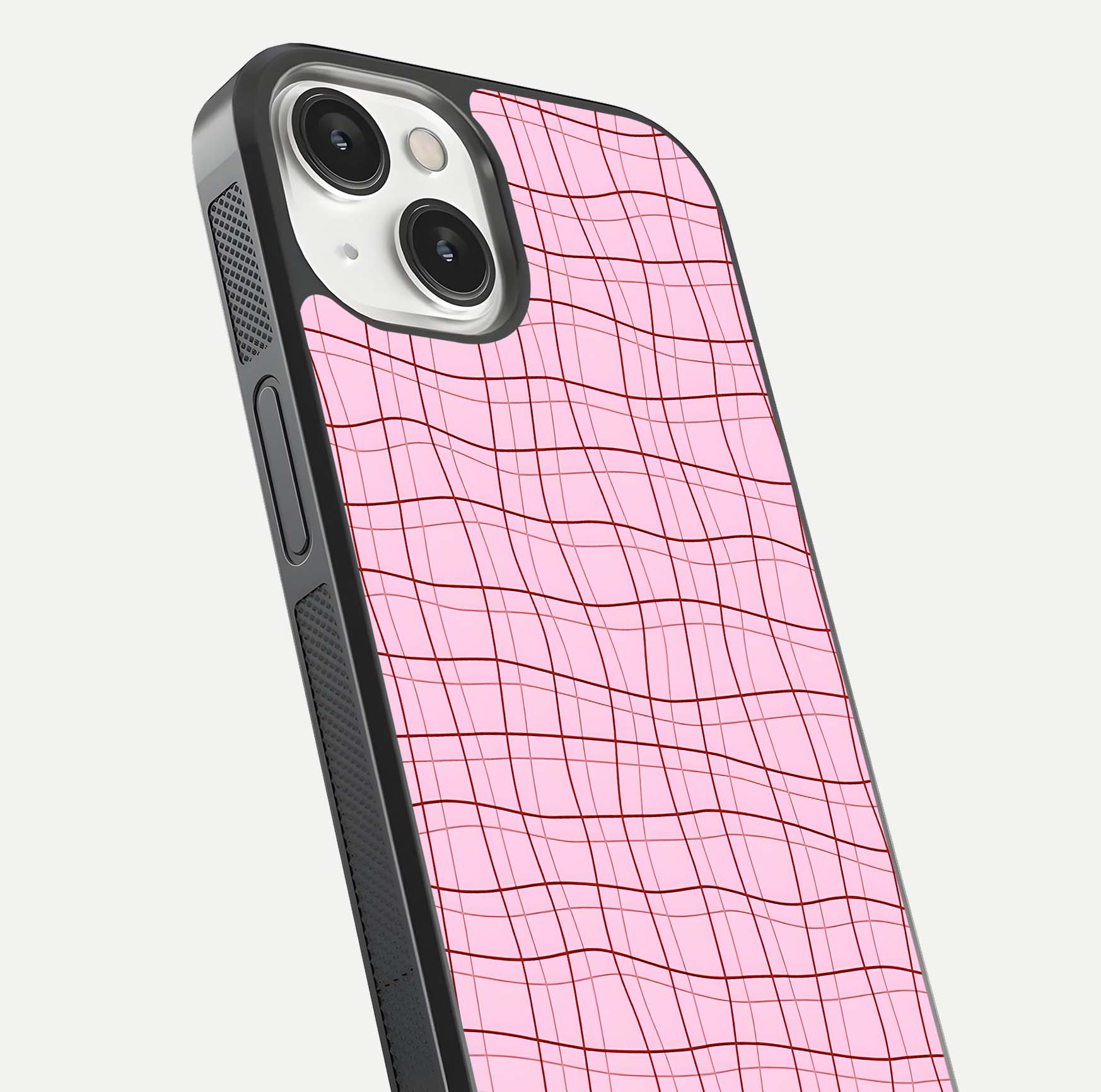 Soft Grid Bliss iPhone 13 glass phone case angled back view highlighting grid artwork and side grip texture
