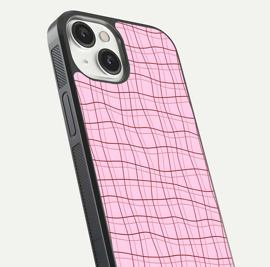 Soft Grid Bliss iPhone 13 glass phone case angled back view highlighting grid artwork and side grip texture