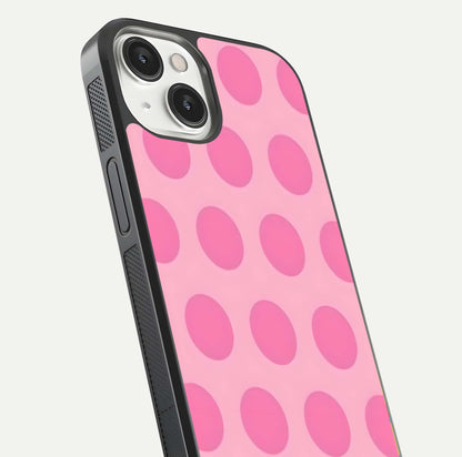 Sweet Dot Dreams iPhone 13 glass phone case angled back view highlighting dotted artwork and side grip texture