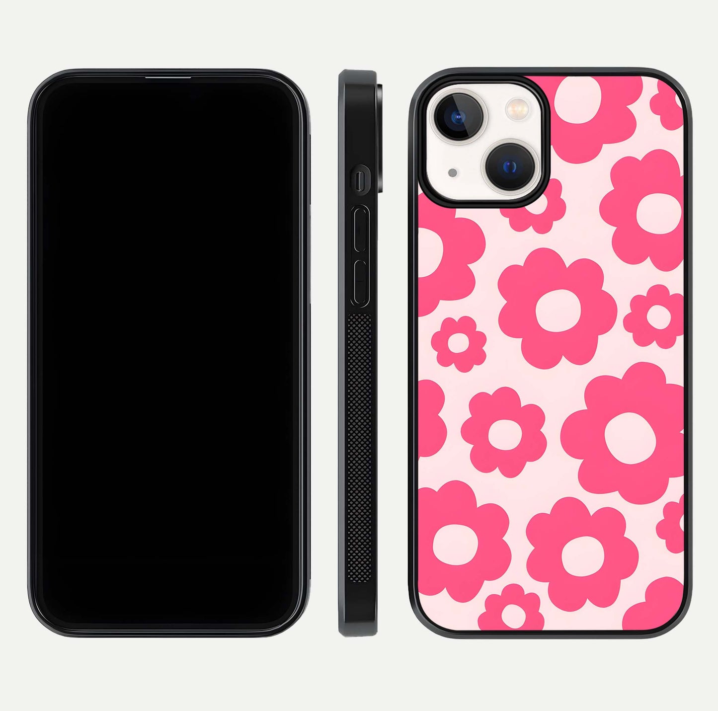 Blush Flower Pop iPhone 13 glass phone case front and side layout view showing slim profile and full floral coverage