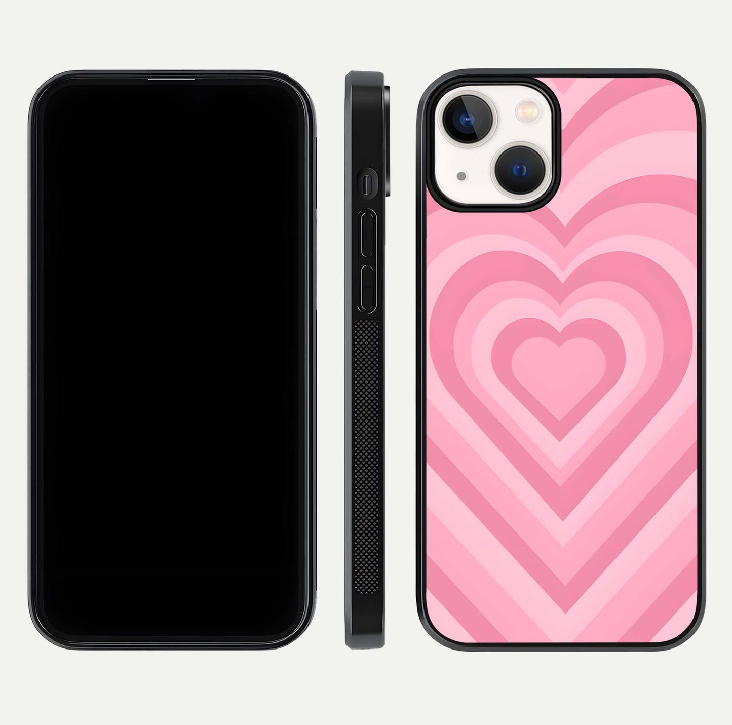 Blush Heart Waves iPhone 13 glass phone case front and side layout view displaying slim frame and full heart pattern