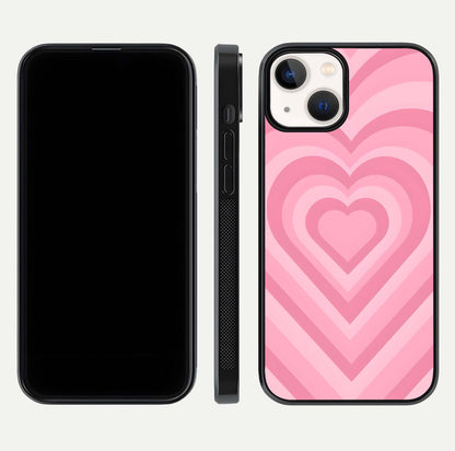 Blush Heart Waves iPhone 13 glass phone case front and side layout view displaying slim frame and full heart pattern