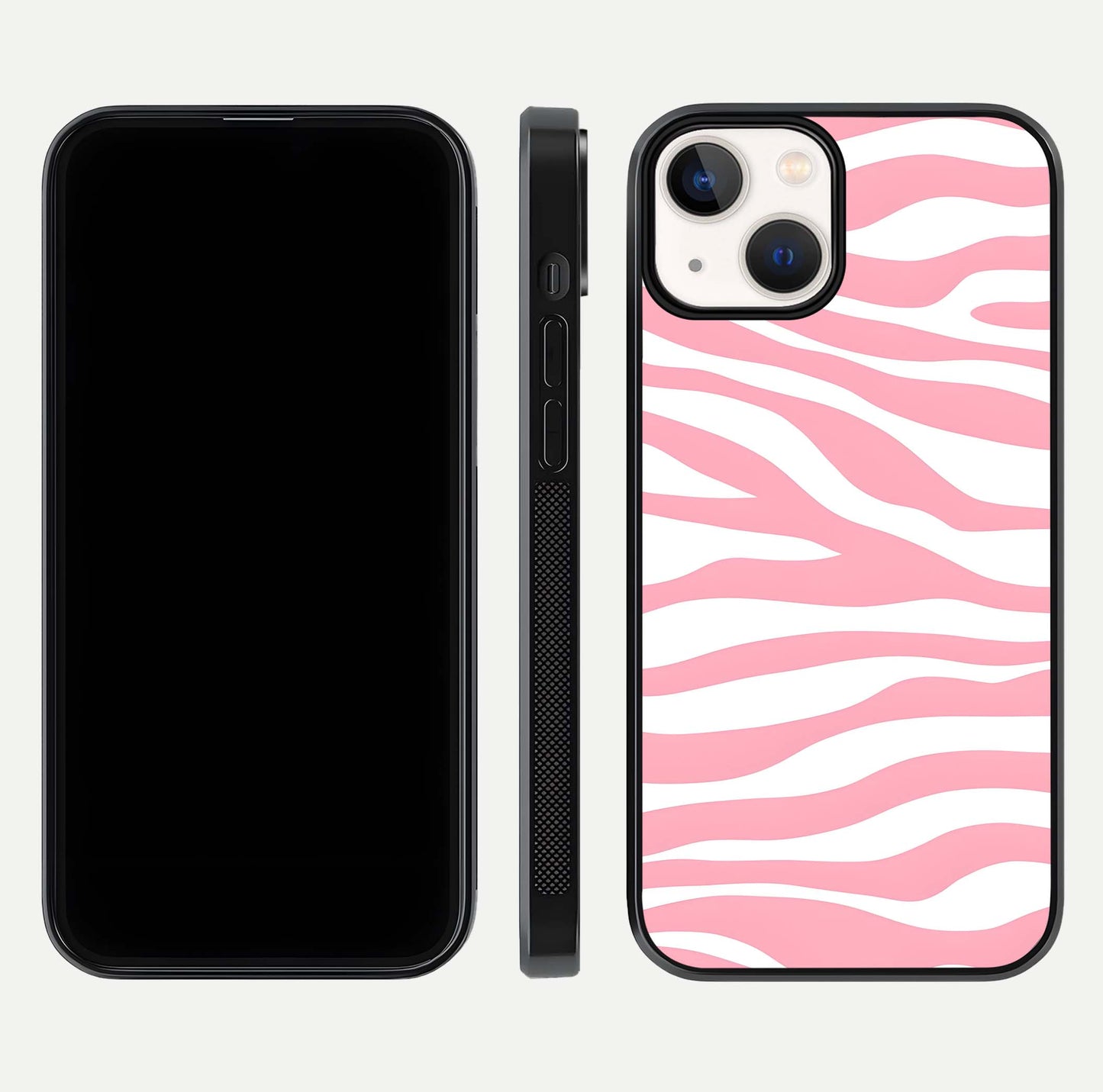 Blush Zebra Flow iPhone 13 glass phone case front and side layout view showing slim build and flowing pattern coverage