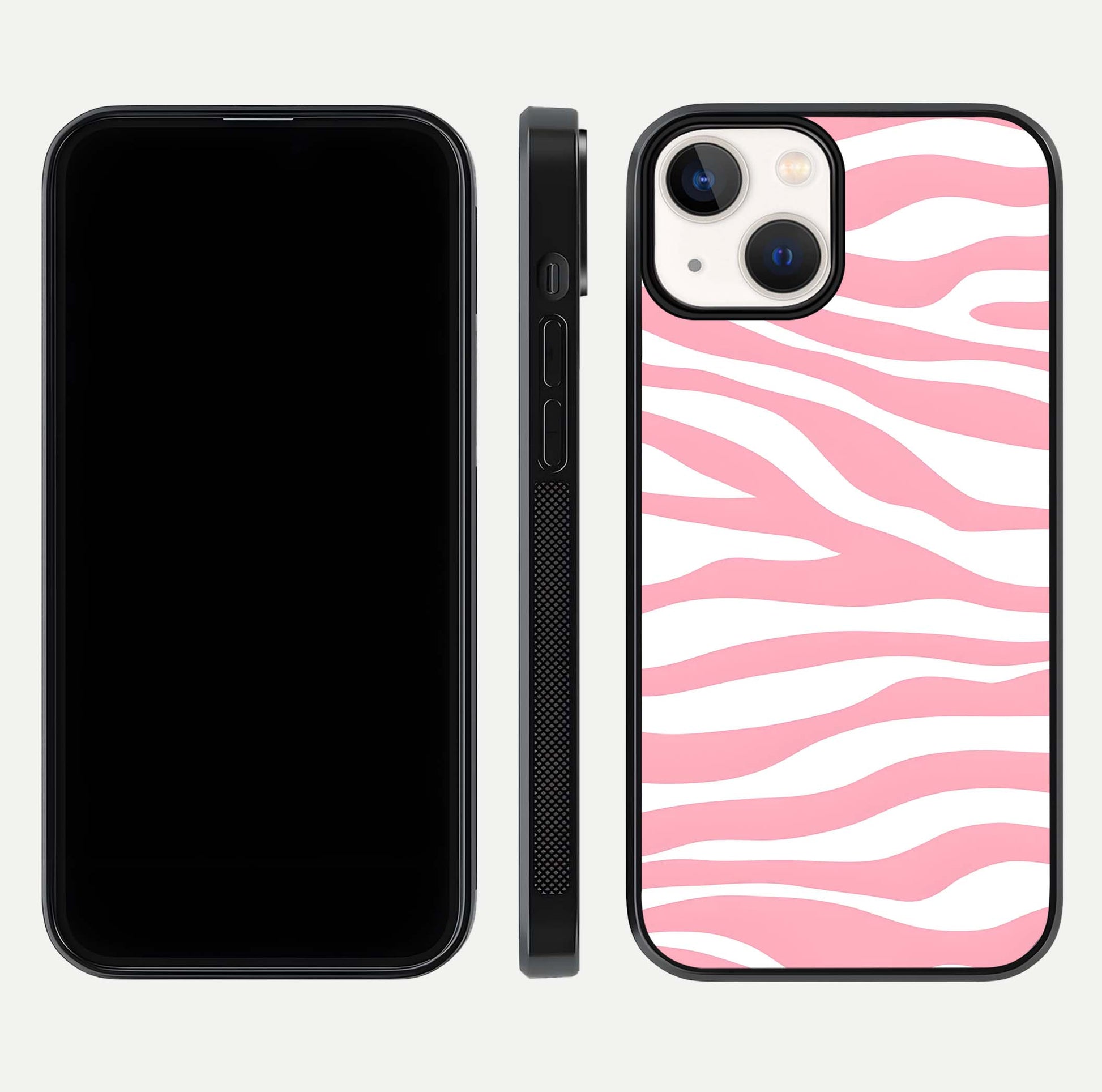 Blush Zebra Flow iPhone 13 glass phone case front and side layout view showing slim build and flowing pattern coverage