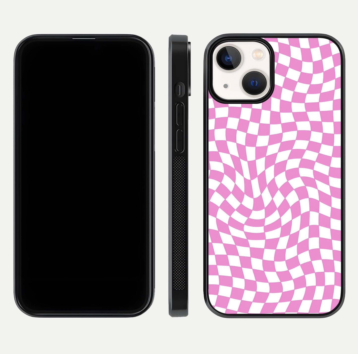 Bubblegum Check Wave iPhone 13 glass phone case front and side layout view displaying slim profile and full pattern coverage