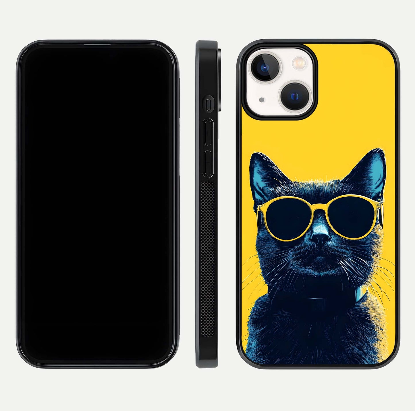 Cool Cat Vibes iPhone 13 glass phone case front and side layout view showing slim frame and full design coverage