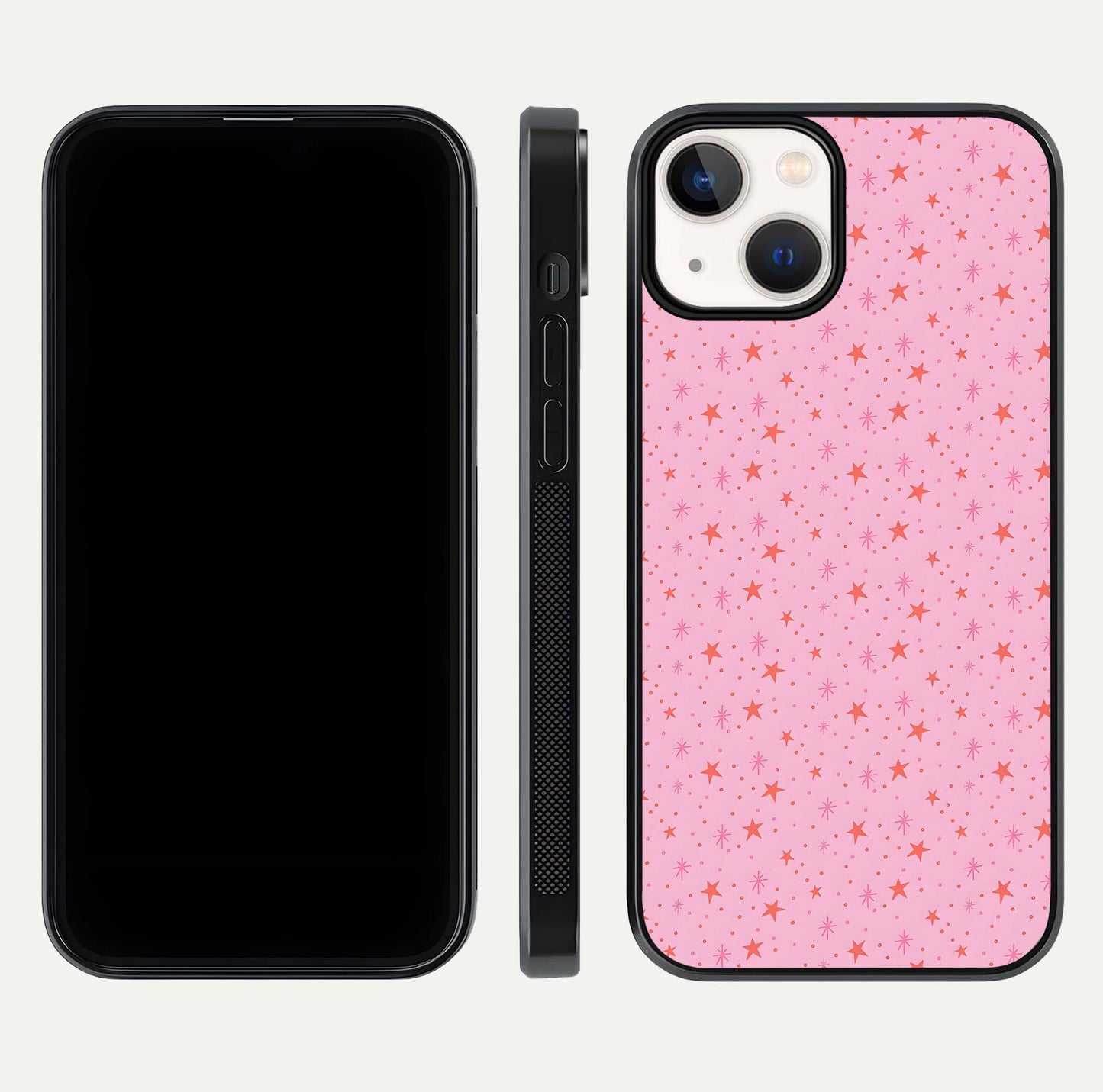 Cosmic Pink Sparkle iPhone 13 glass phone case front and side layout view displaying slim profile and full cosmic coverage