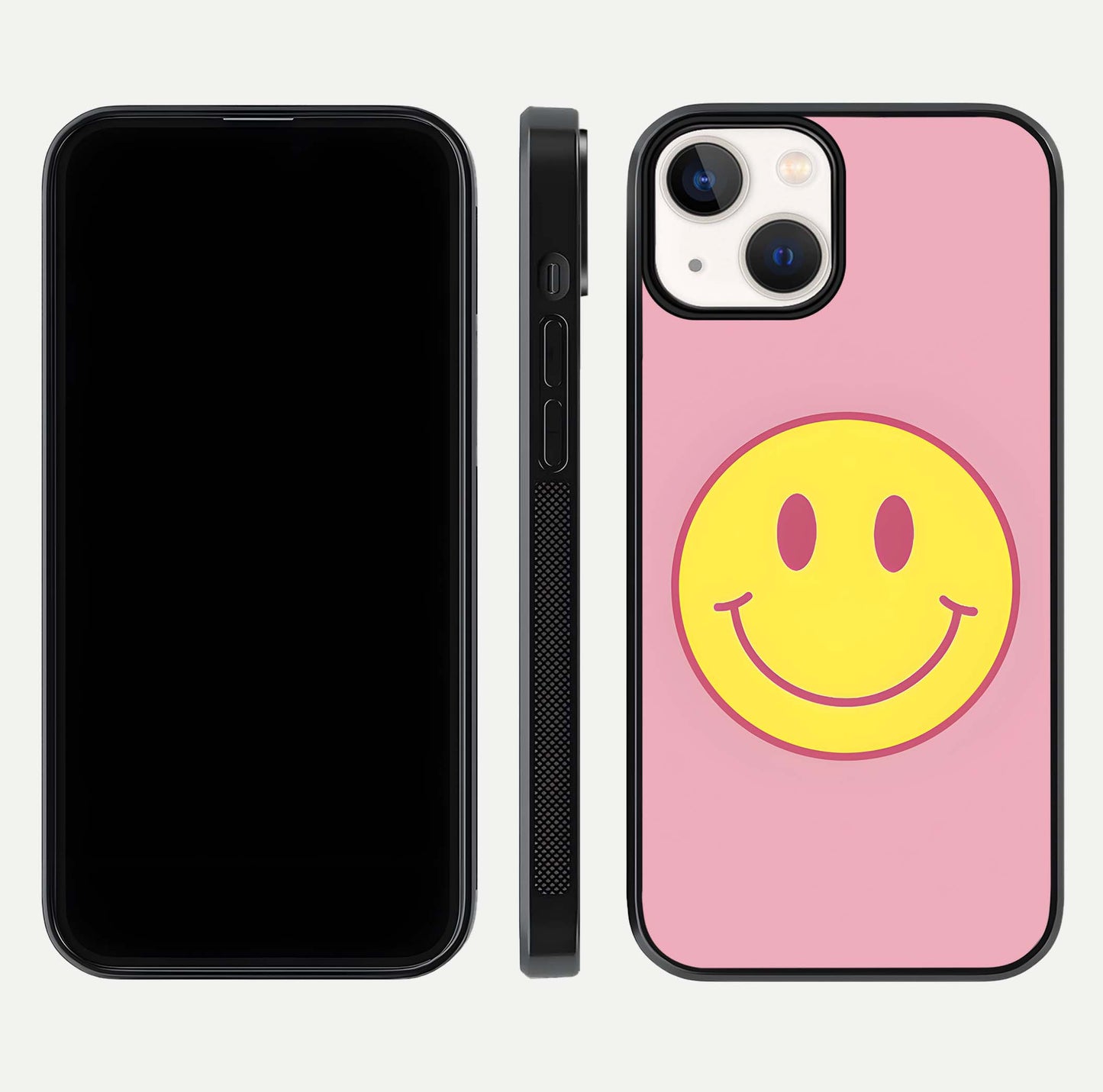 Happy Pink Mood iPhone 13 glass phone case front and side layout view showing slim build and full pink coverage
