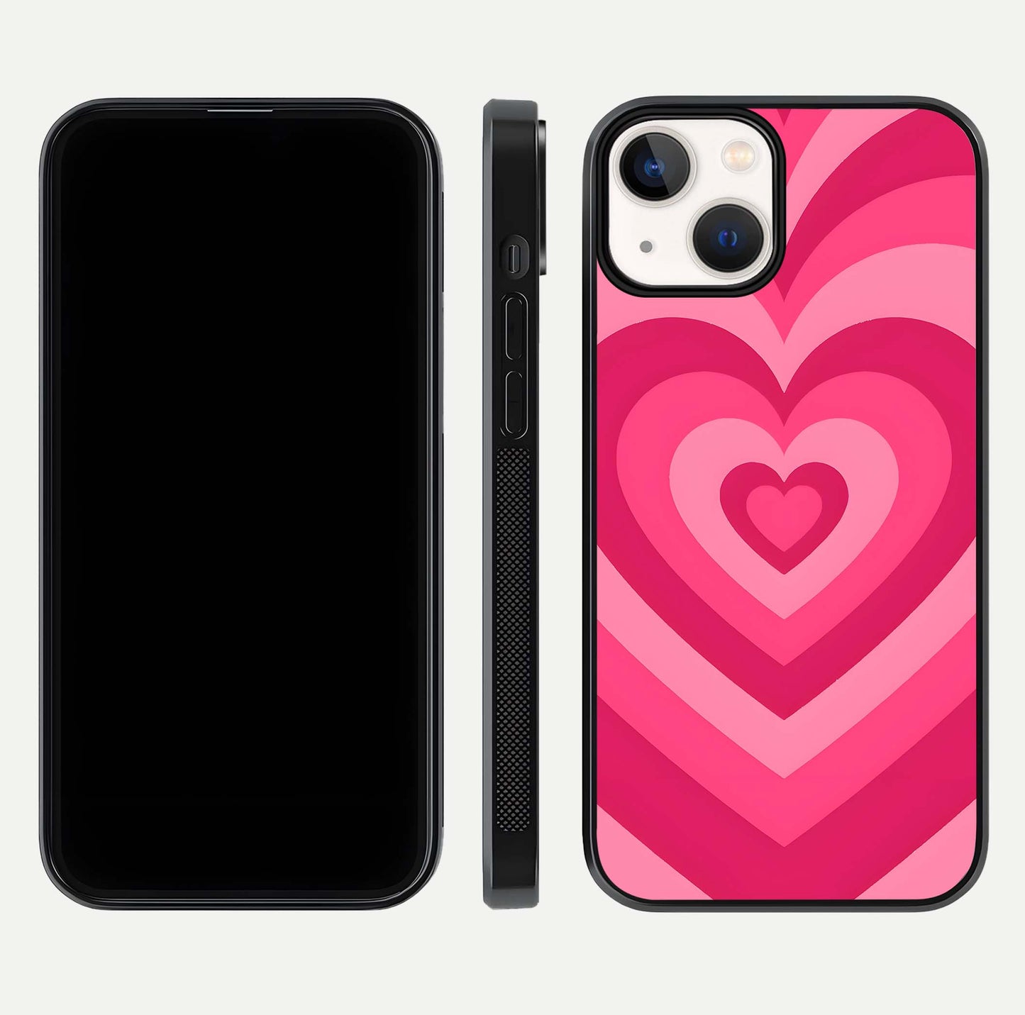 Layered Love Hearts iPhone 13 glass phone case front and side layout view displaying slim profile and full heart design