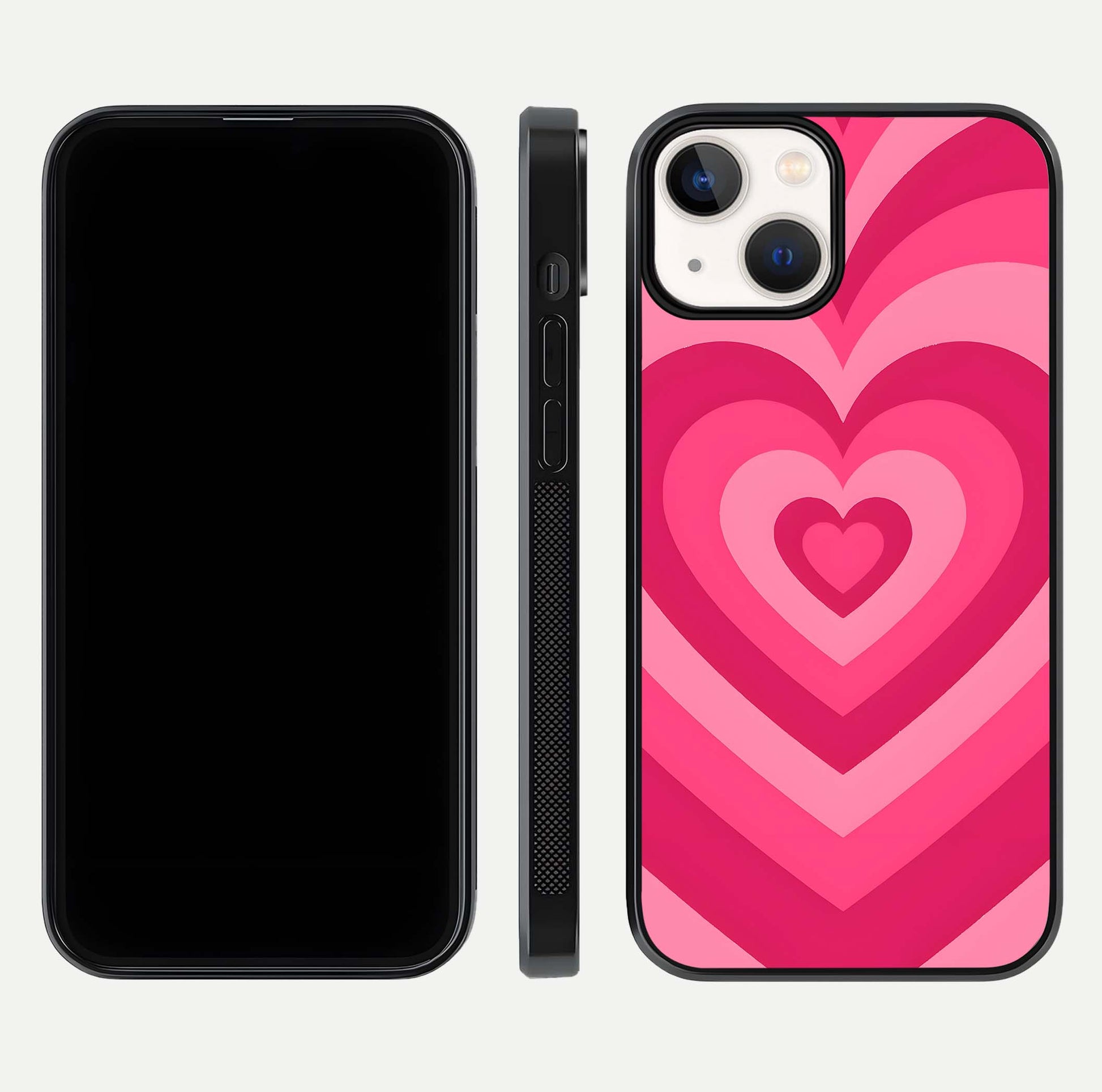 Layered Love Hearts iPhone 13 glass phone case front and side layout view displaying slim profile and full heart design