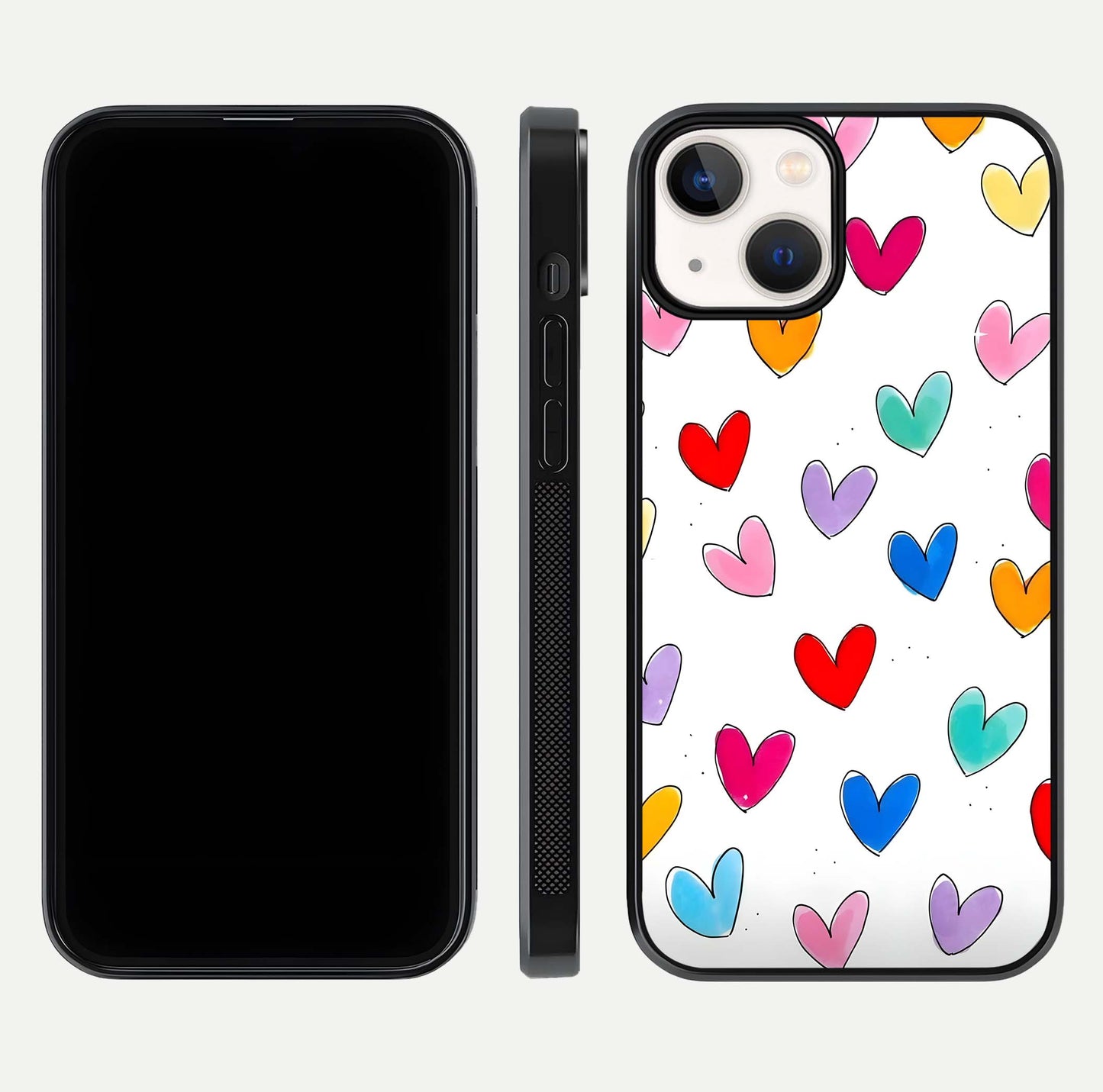 Playful Love Doodles iPhone 13 glass phone case front and side layout view showing slim build and full doodle coverage