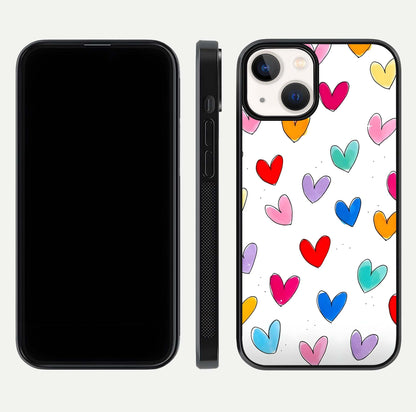 Playful Love Doodles iPhone 13 glass phone case front and side layout view showing slim build and full doodle coverage