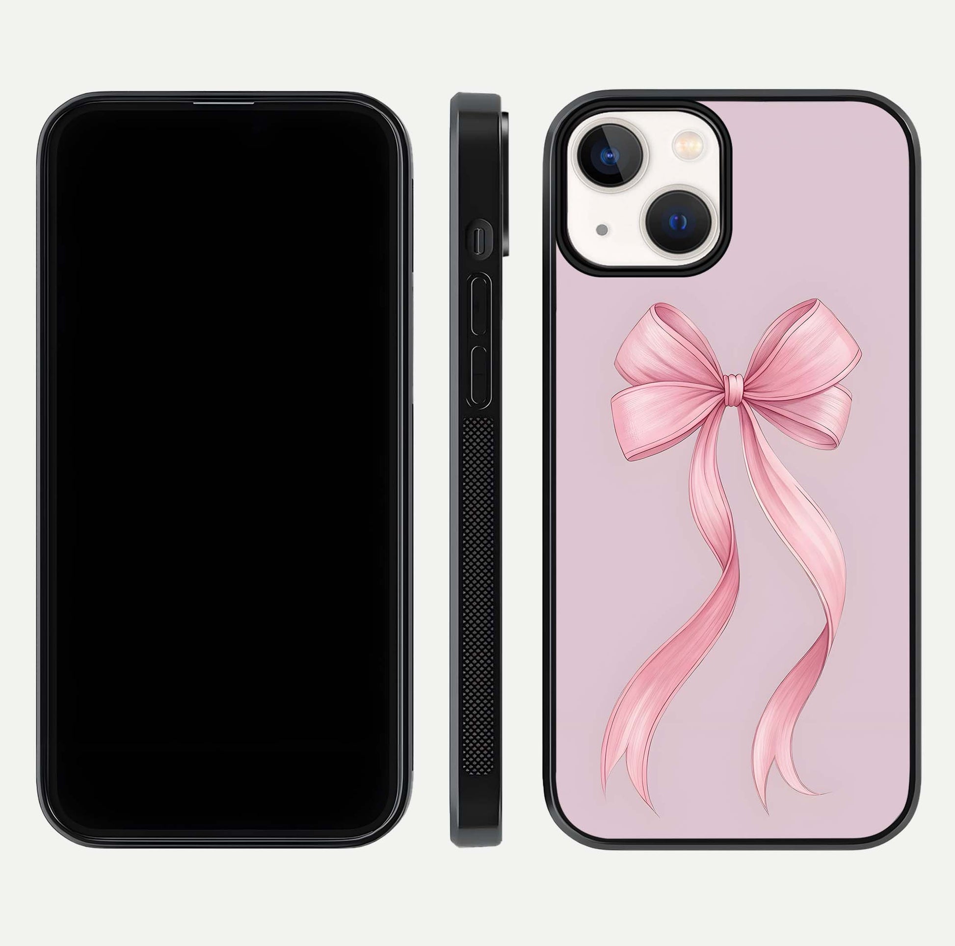 Soft Blush Bow iPhone 13 glass phone case front and side layout view displaying slim profile and gentle aesthetic