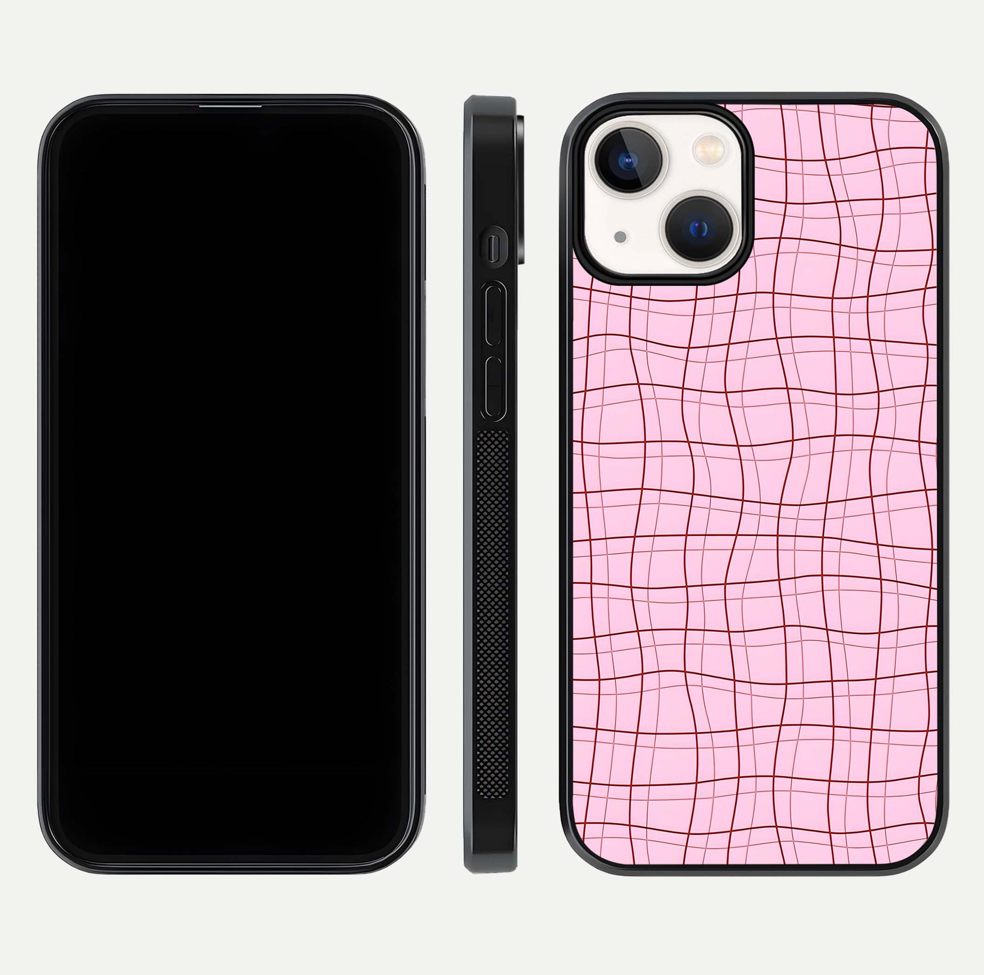 Soft Grid Bliss iPhone 13 glass phone case front and side layout view displaying slim profile and clean design