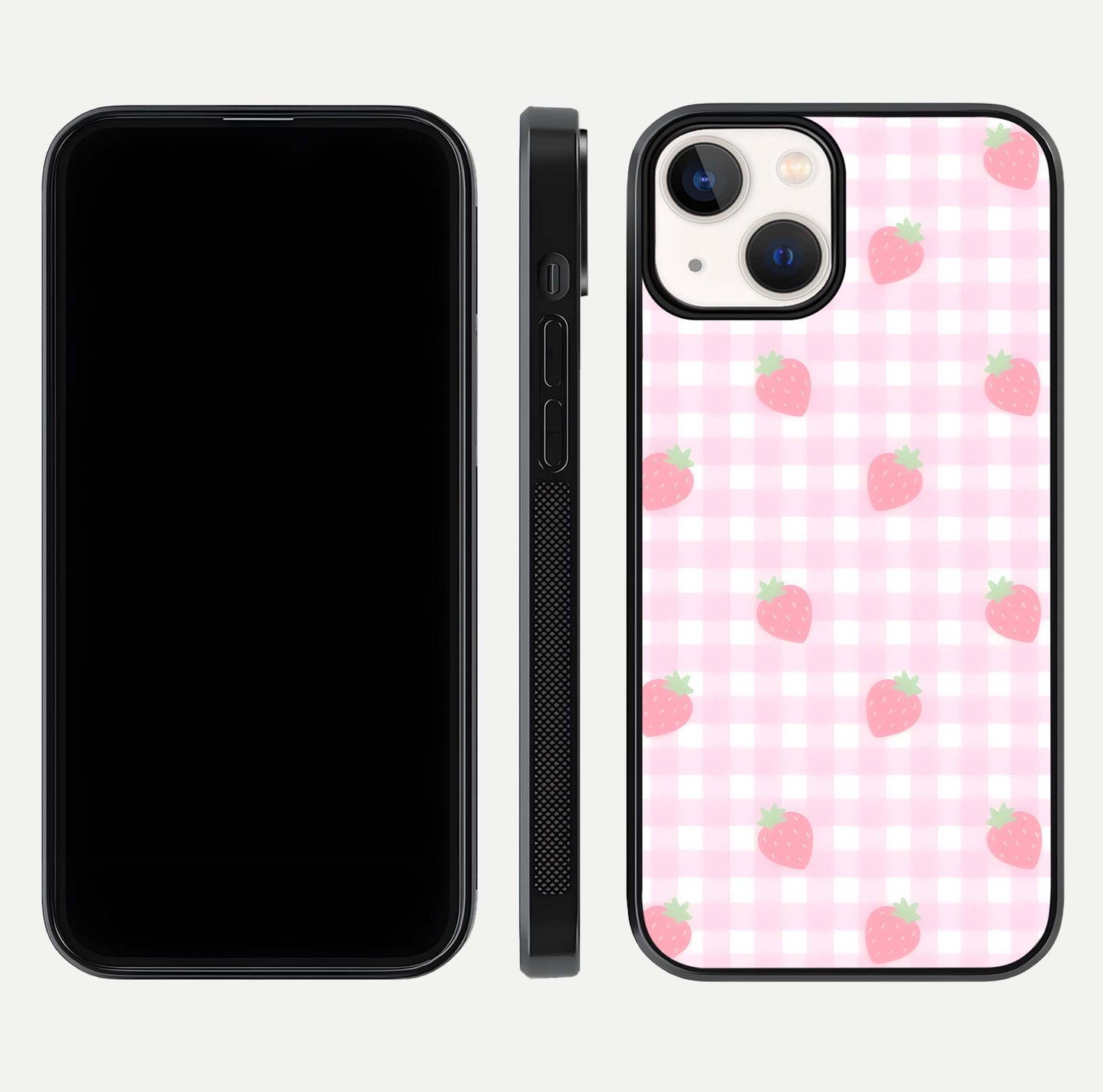 Strawberry Picnic Love iPhone 13 glass phone case front and side layout view showing slim profile and full picnic design