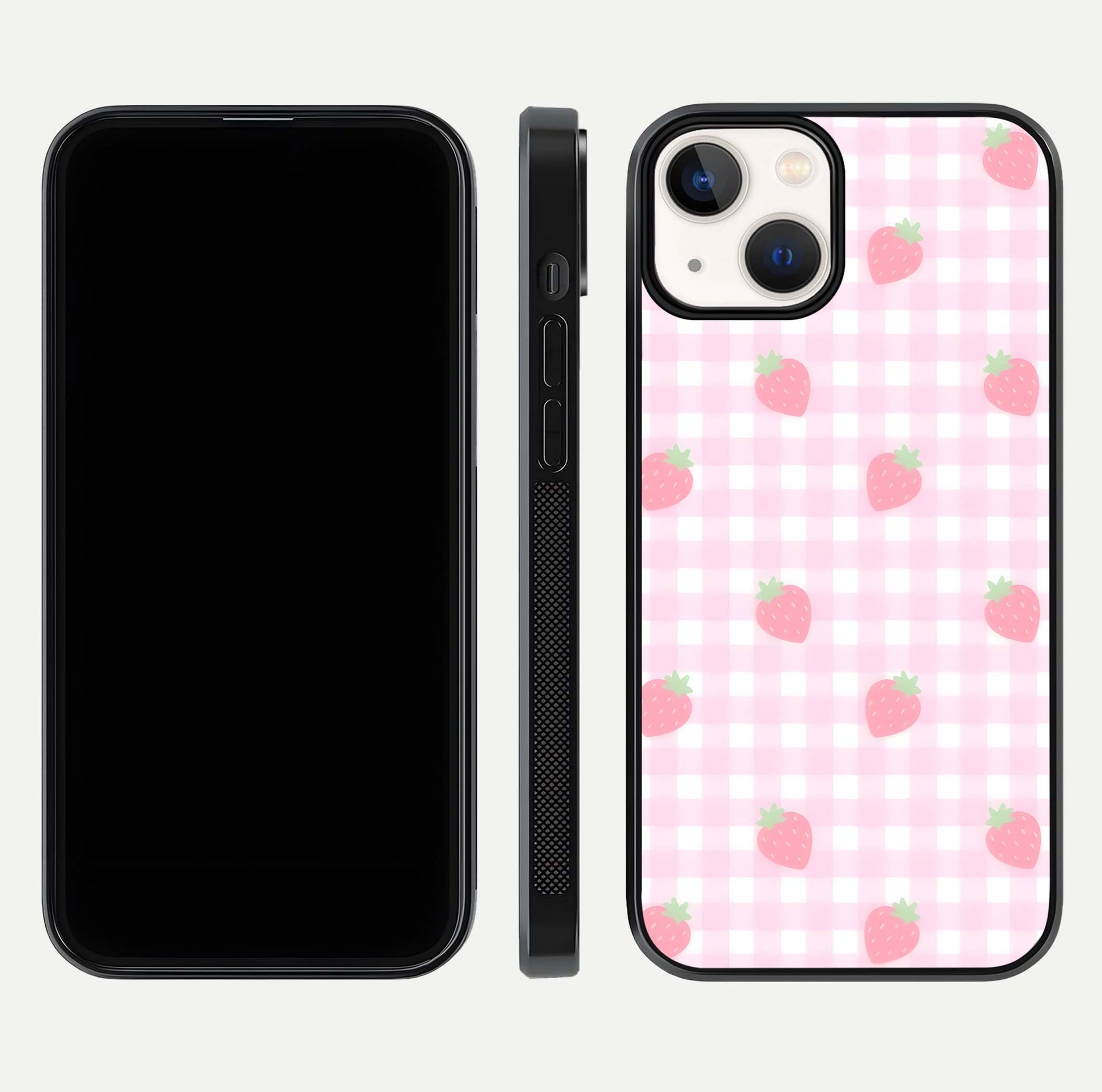 Strawberry Picnic Love iPhone 13 glass phone case front and side layout view showing slim profile and full picnic design