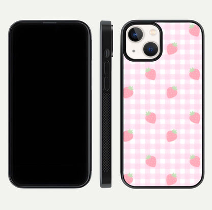 Strawberry Picnic Love iPhone 13 glass phone case front and side layout view showing slim profile and full picnic design