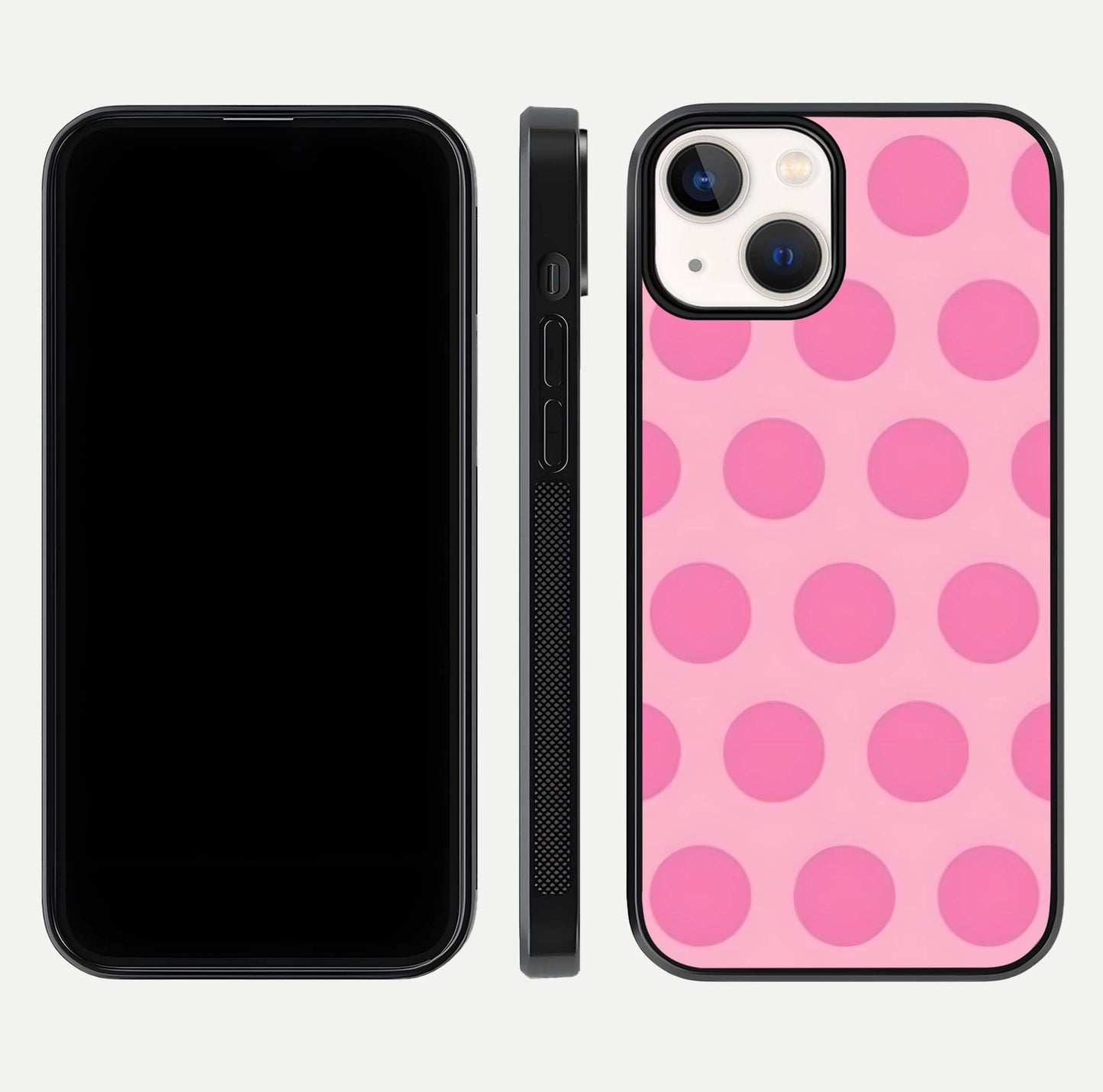 Sweet Dot Dreams iPhone 13 glass phone case front and side layout view displaying slim build and full dot design