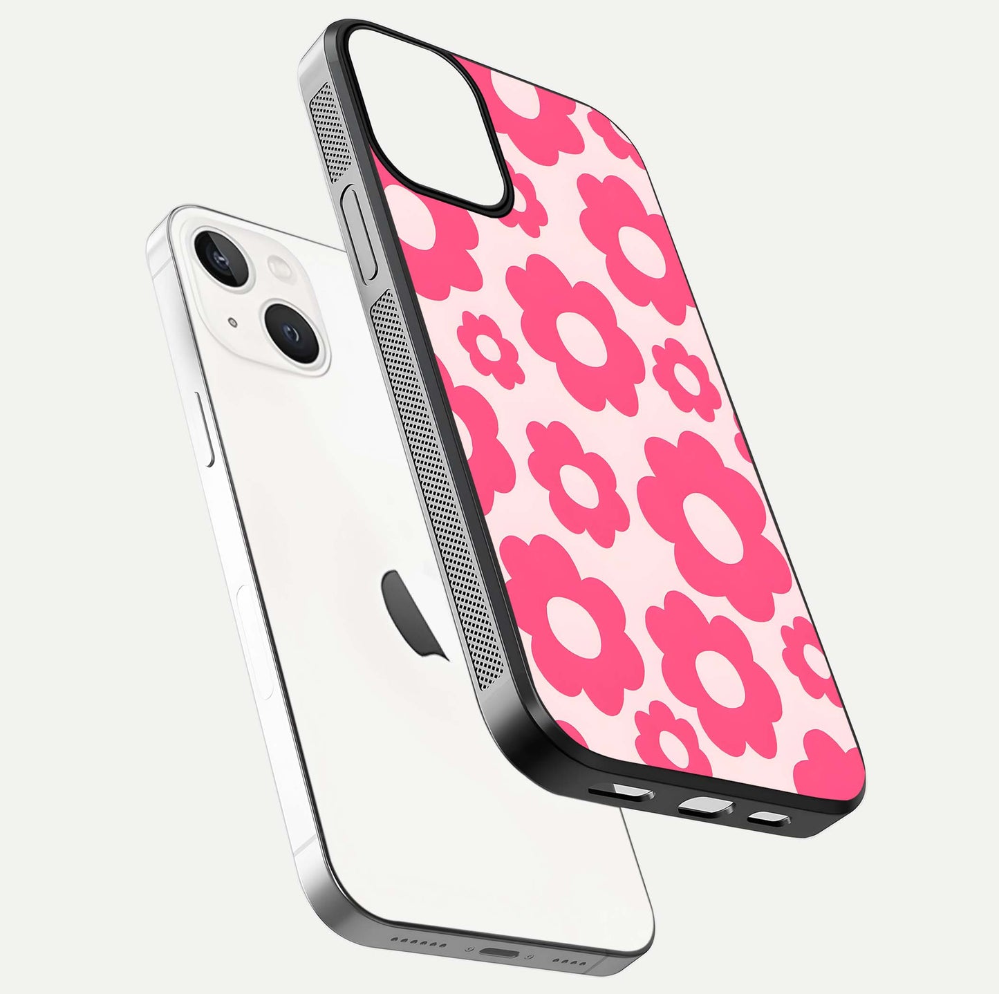 Blush Flower Pop iPhone 13 glass phone case floating view emphasizing premium build and vibrant flower artwork