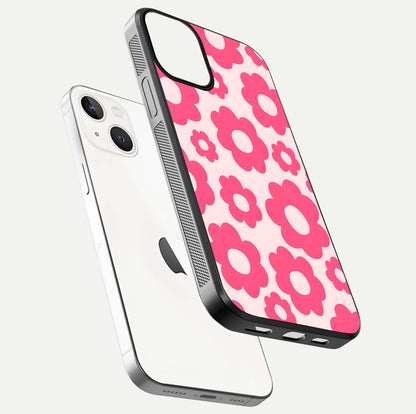 Blush Flower Pop iPhone 13 glass phone case floating view emphasizing premium build and vibrant flower artwork