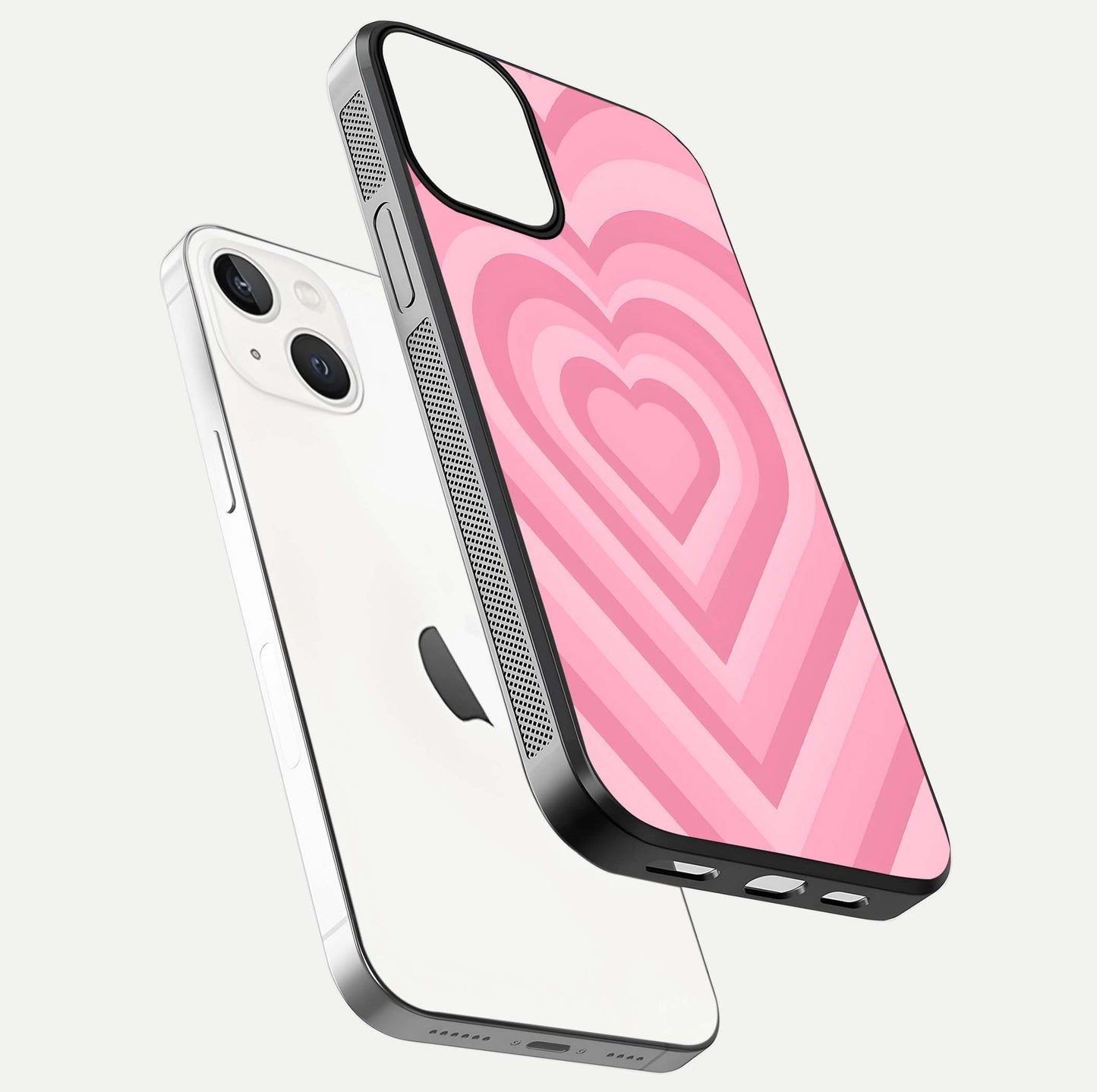 Blush Heart Waves iPhone 13 glass phone case floating view emphasizing glossy finish and layered heart design