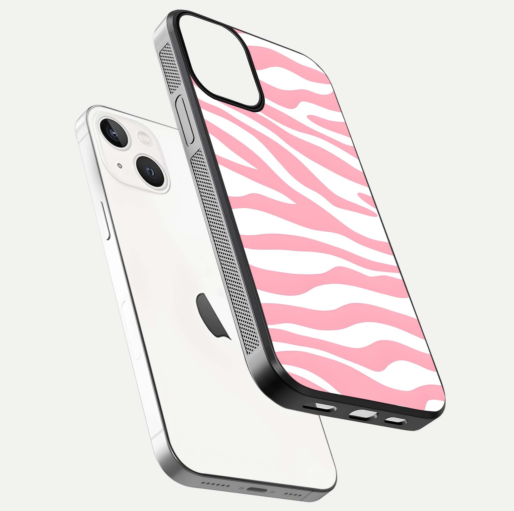 Blush Zebra Flow iPhone 13 glass phone case floating view emphasizing premium glossy surface and dynamic design