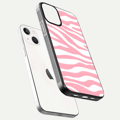 Blush Zebra Flow iPhone 13 glass phone case floating view emphasizing premium glossy surface and dynamic design