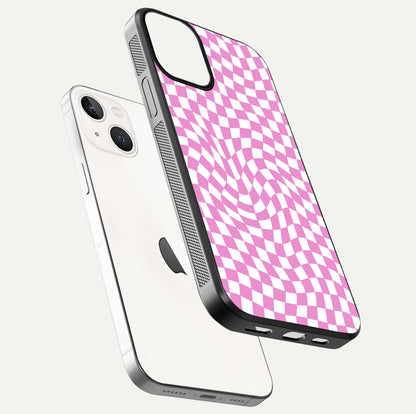 Bubblegum Check Wave iPhone 13 glass phone case floating view emphasizing premium glass finish and vibrant design