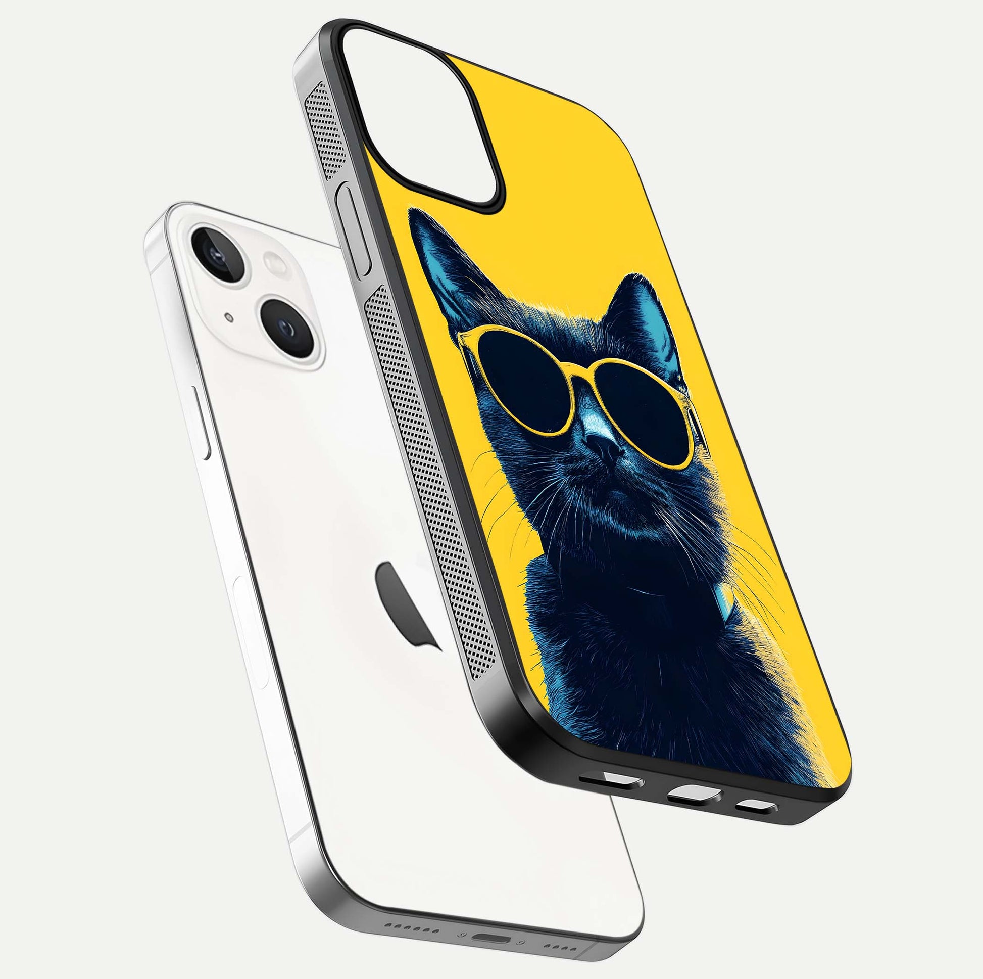 Cool Cat Vibes iPhone 13 glass phone case floating view emphasizing glossy finish and fun cat vibe
