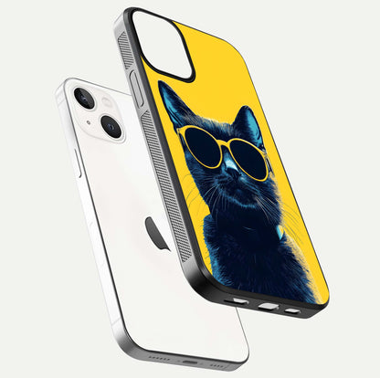 Cool Cat Vibes iPhone 13 glass phone case floating view emphasizing glossy finish and fun cat vibe