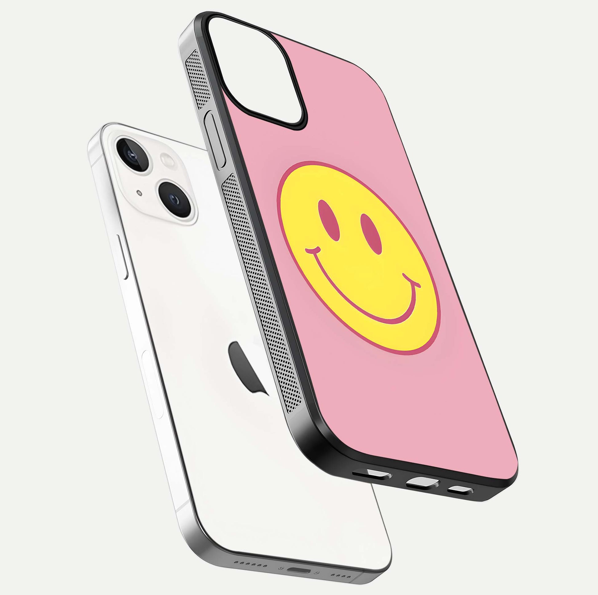 Happy Pink Mood iPhone 13 glass phone case floating view emphasizing glossy finish and joyful color palette