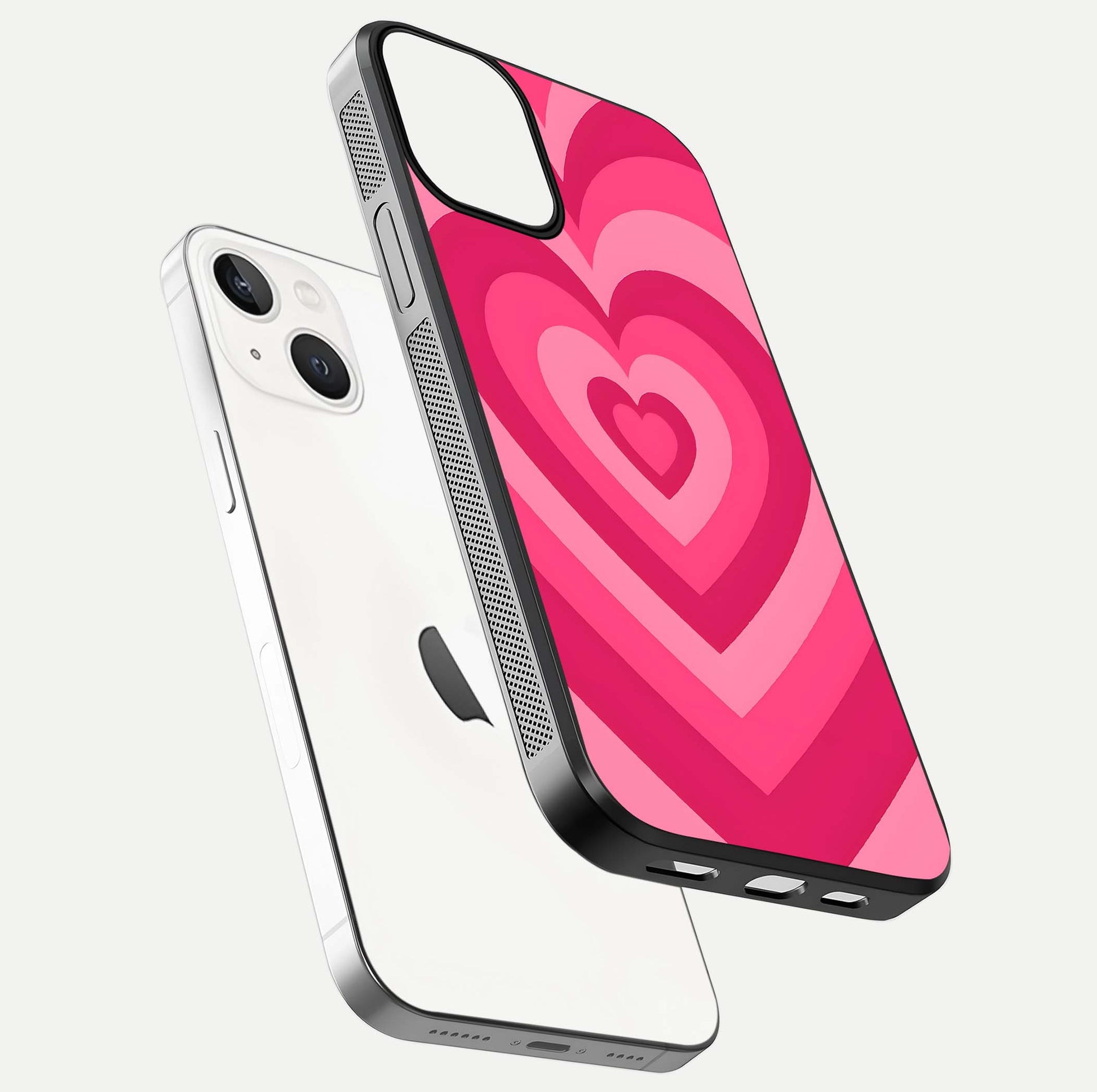 Layered Love Hearts iPhone 13 glass phone case floating view emphasizing glossy surface and layered heart details