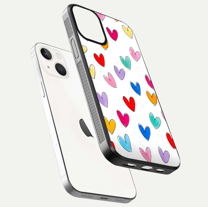 Playful Love Doodles iPhone 13 glass phone case floating view emphasizing glossy finish and playful design