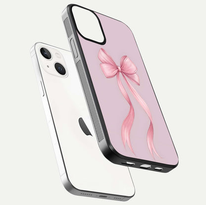 Soft Blush Bow iPhone 13 glass phone case floating view emphasizing glossy surface and soft feminine styling