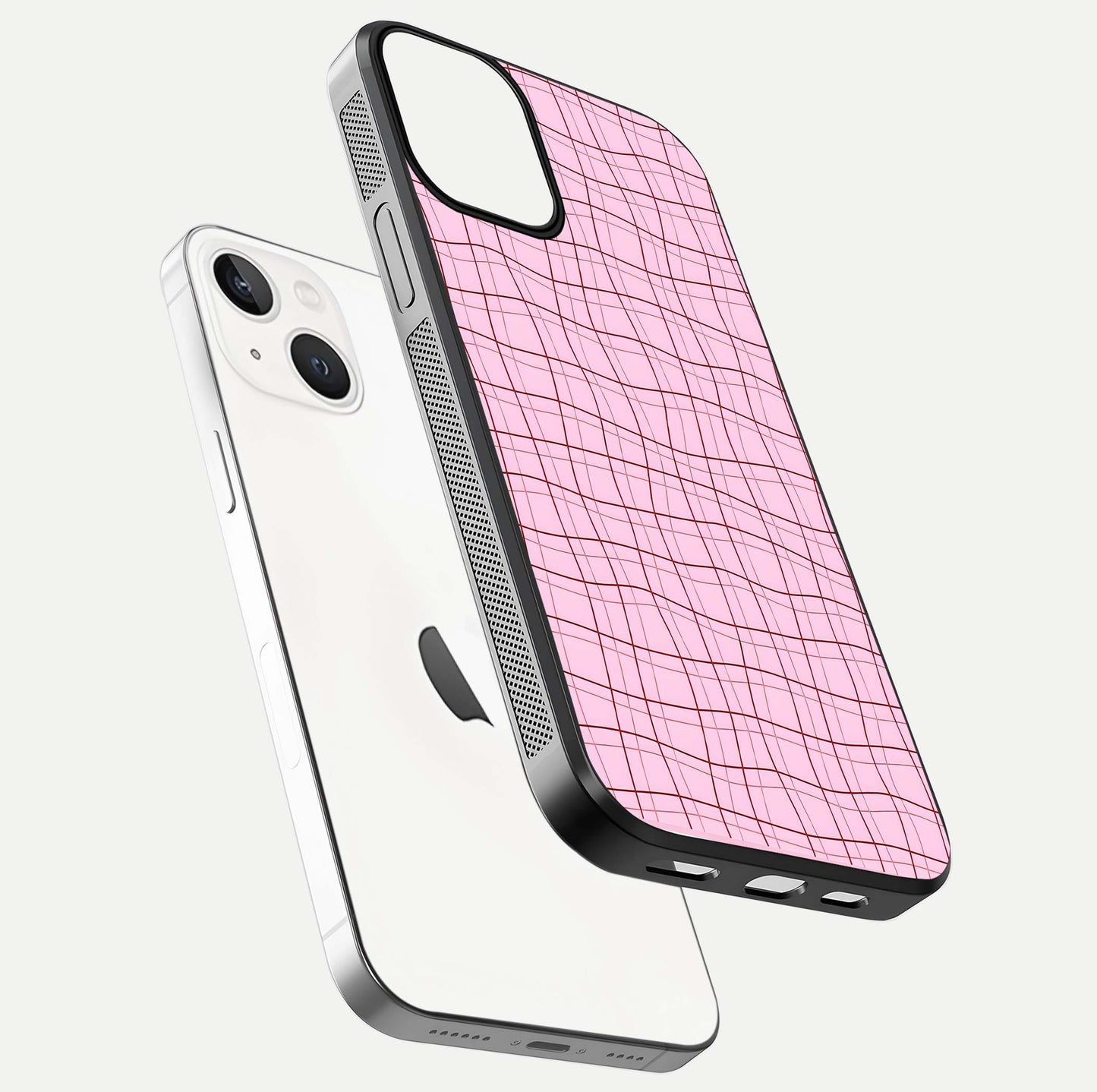 Soft Grid Bliss iPhone 13 glass phone case floating view emphasizing glossy surface and minimal styling