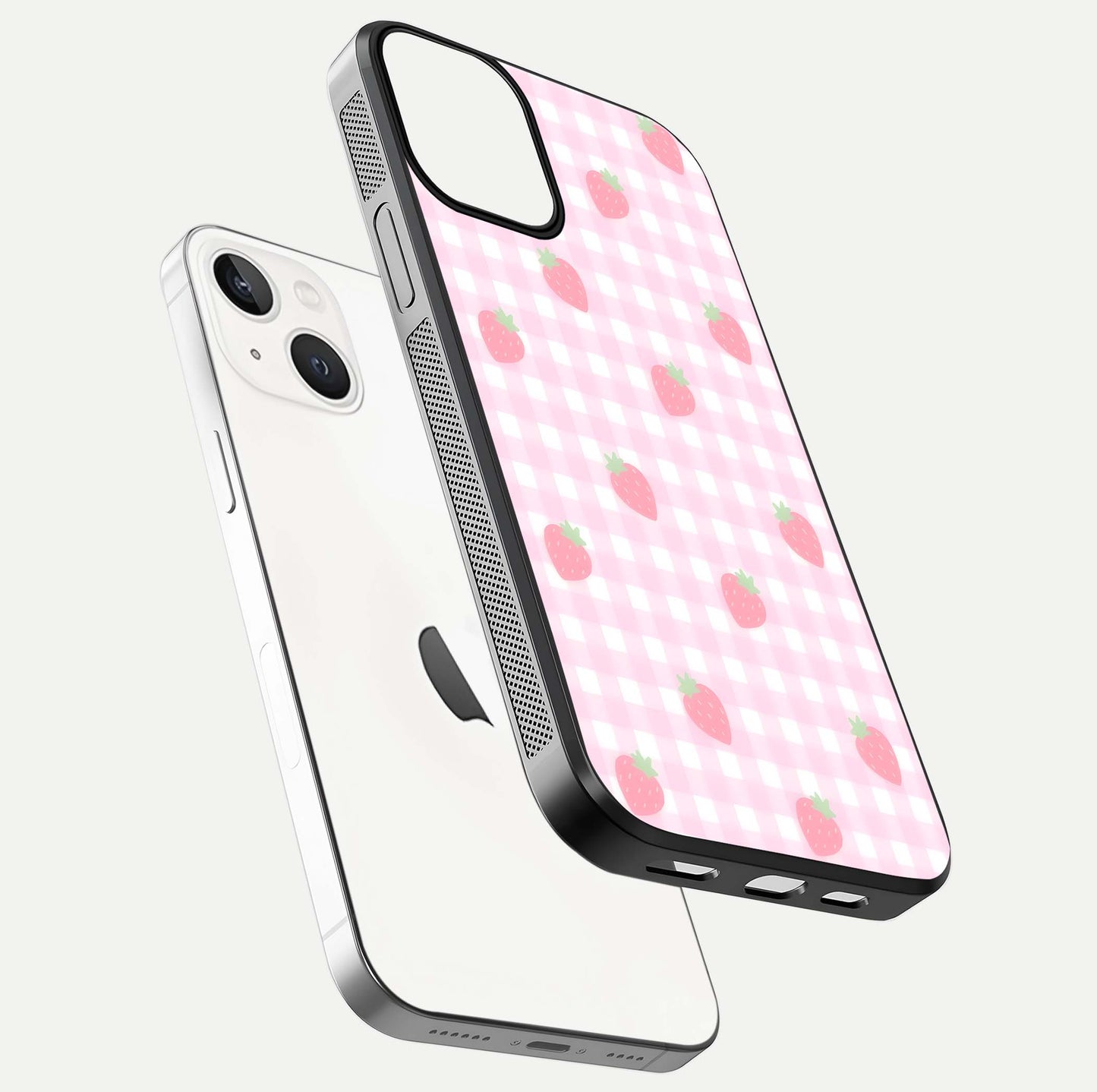 Strawberry Picnic Love iPhone 13 glass phone case floating view emphasizing glossy finish and playful charm