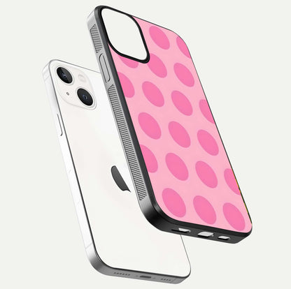 Sweet Dot Dreams iPhone 13 glass phone case floating view emphasizing glossy surface and soft playful styling