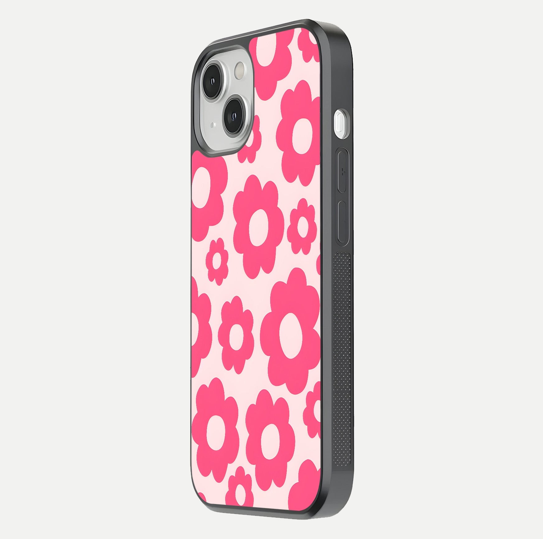 Blush Flower Pop iPhone 13 glass phone case side profile view focusing on clean edges and seamless floral wrap