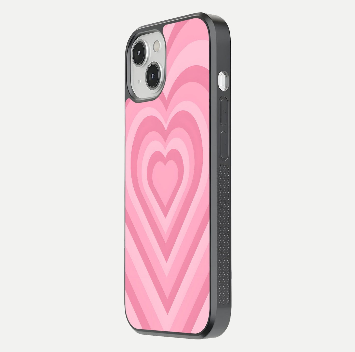 Blush Heart Waves iPhone 13 glass phone case side profile view focusing on smooth edges and elegant wrap