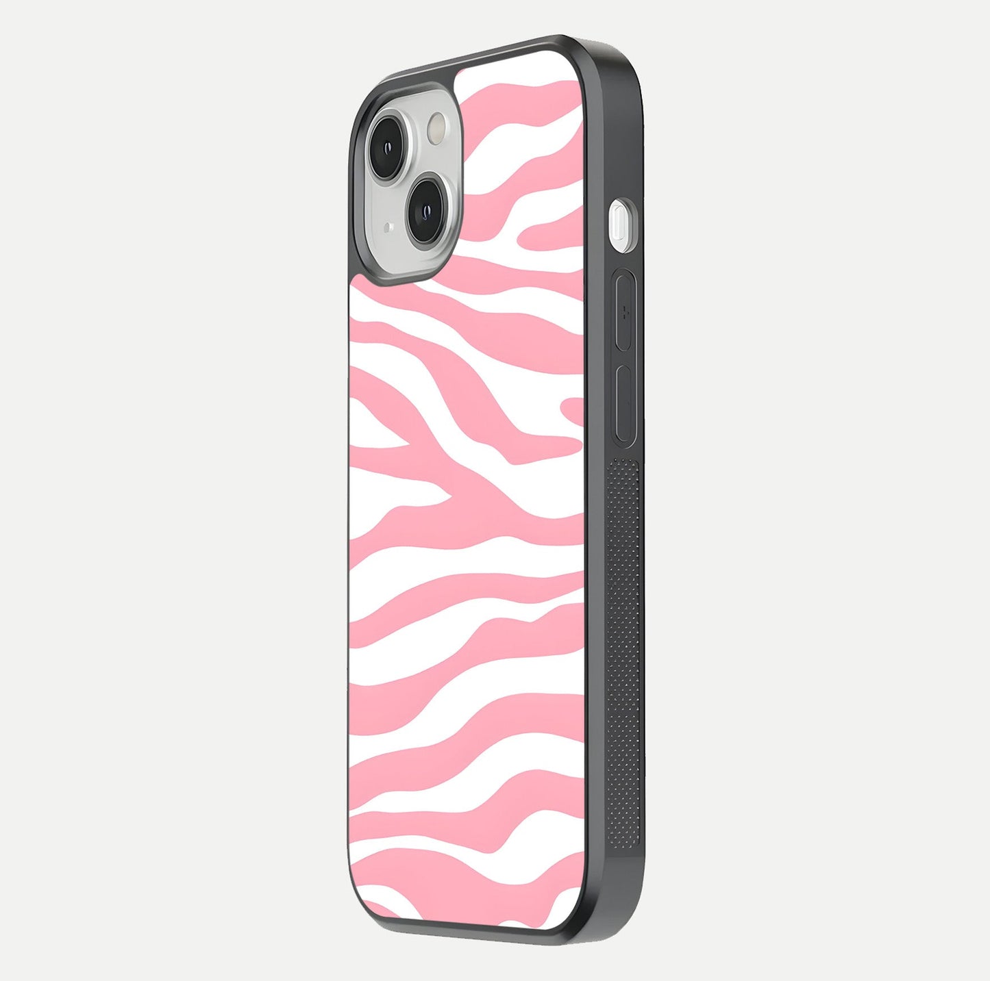 Blush Zebra Flow iPhone 13 glass phone case side profile view focusing on sleek frame and seamless wrap
