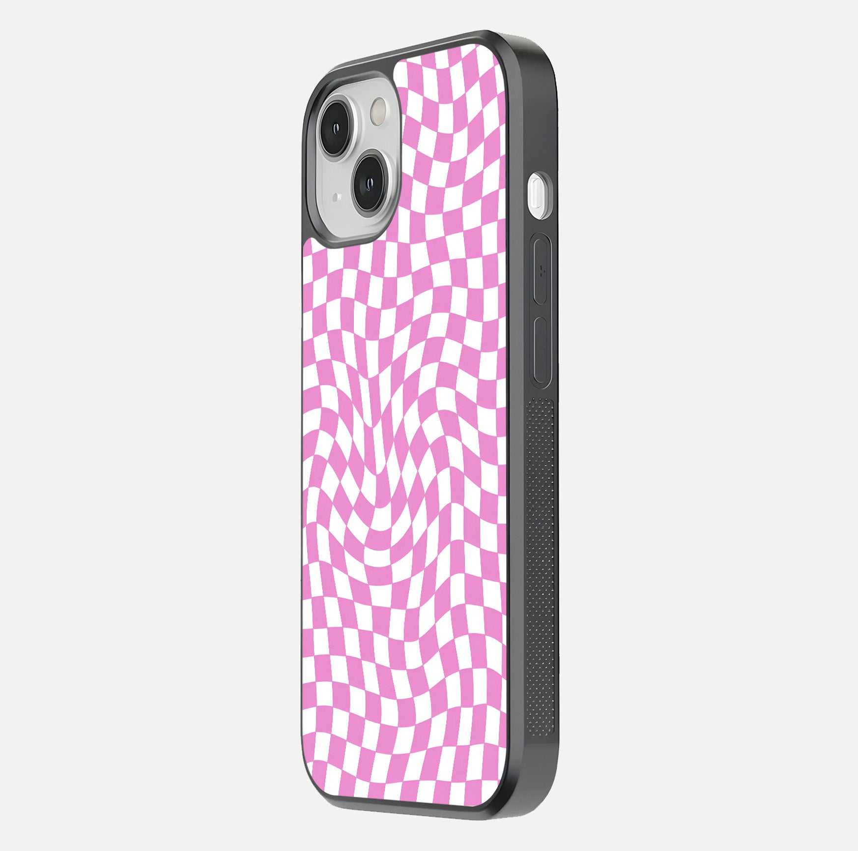 Bubblegum Check Wave iPhone 13 glass phone case side profile view focusing on smooth edges and seamless wrap