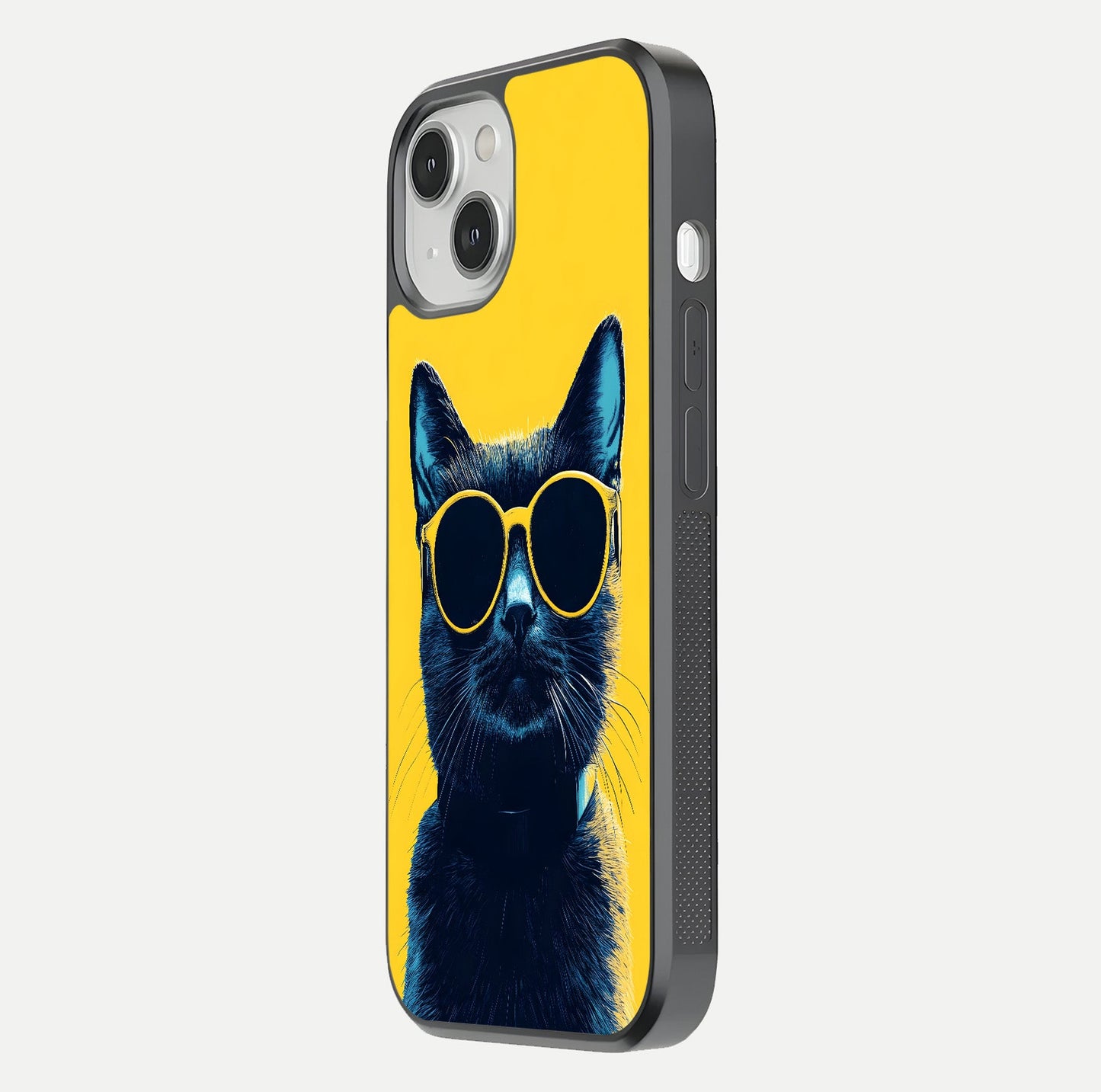 Cool Cat Vibes iPhone 13 glass phone case side profile view focusing on sleek edges and seamless wrap
