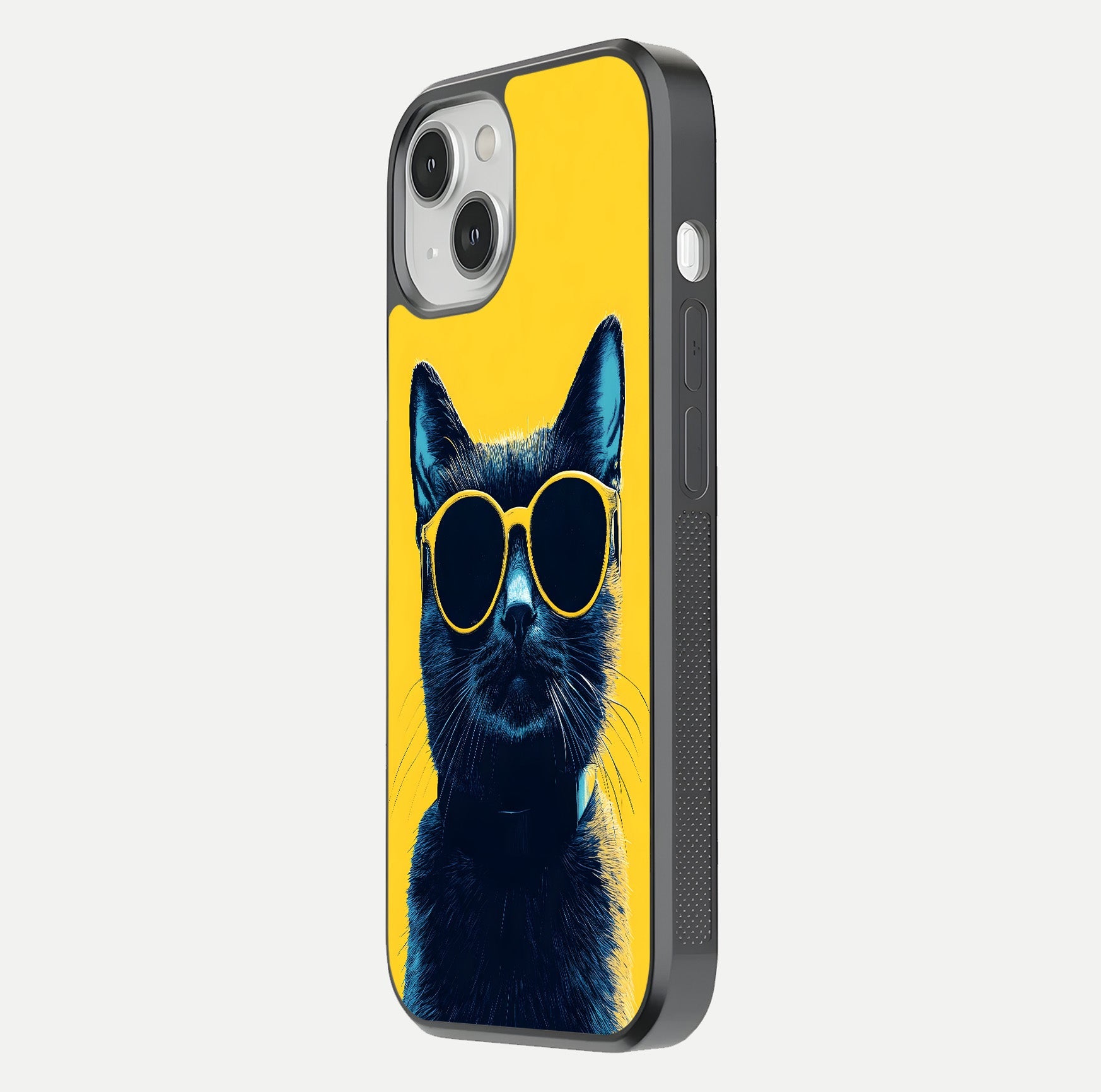 Cool Cat Vibes iPhone 13 glass phone case side profile view focusing on sleek edges and seamless wrap
