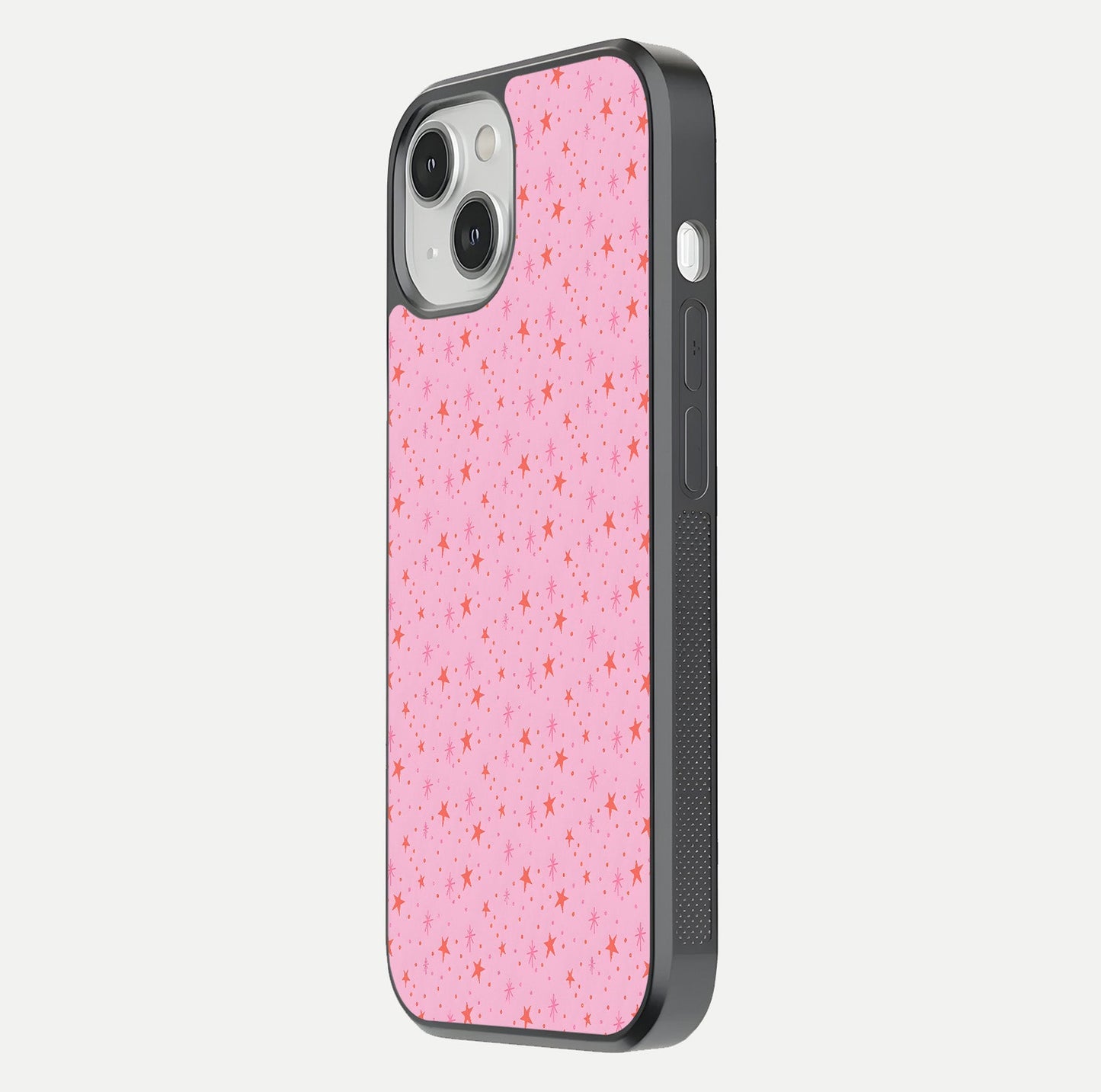 Cosmic Pink Sparkle iPhone 13 glass phone case side profile view focusing on sleek edges and seamless wrap