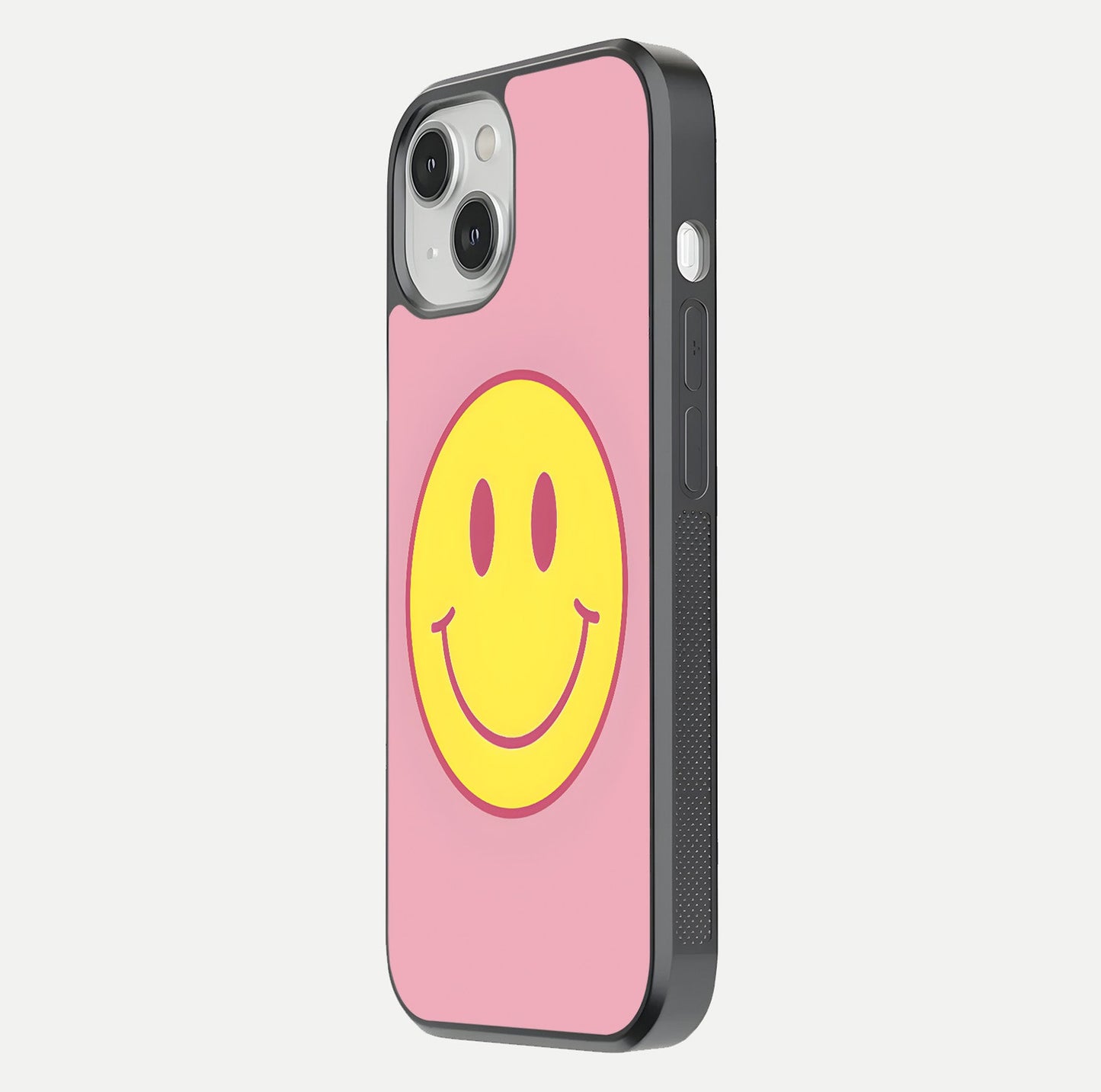 Happy Pink Mood iPhone 13 glass phone case side profile view focusing on smooth frame and clean wrap