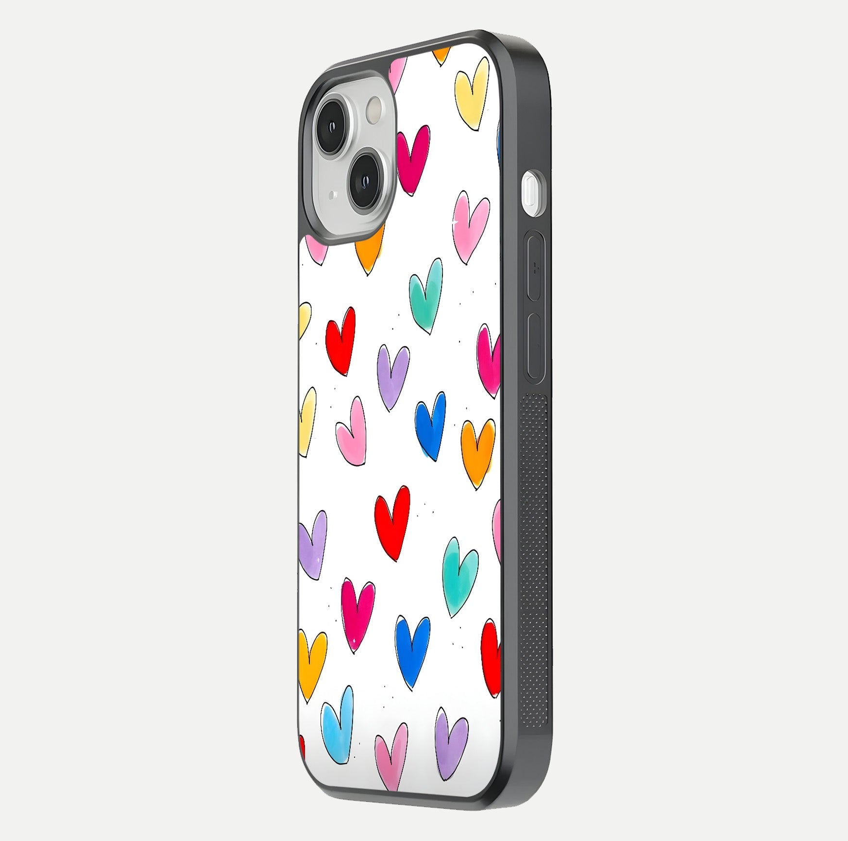Playful Love Doodles iPhone 13 glass phone case side profile view focusing on smooth frame and seamless wrap