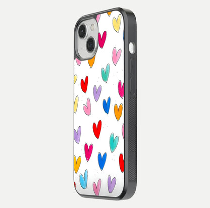 Playful Love Doodles iPhone 13 glass phone case side profile view focusing on smooth frame and seamless wrap