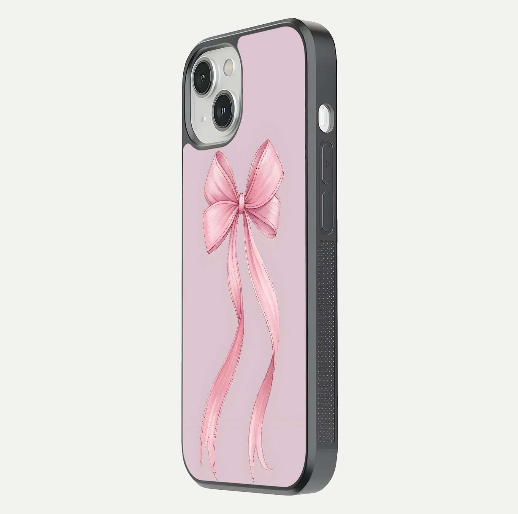 Soft Blush Bow iPhone 13 glass phone case side profile view focusing on sleek edges and seamless wrap