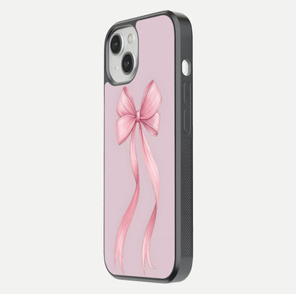 Soft Blush Bow iPhone 13 glass phone case side profile view focusing on sleek edges and seamless wrap