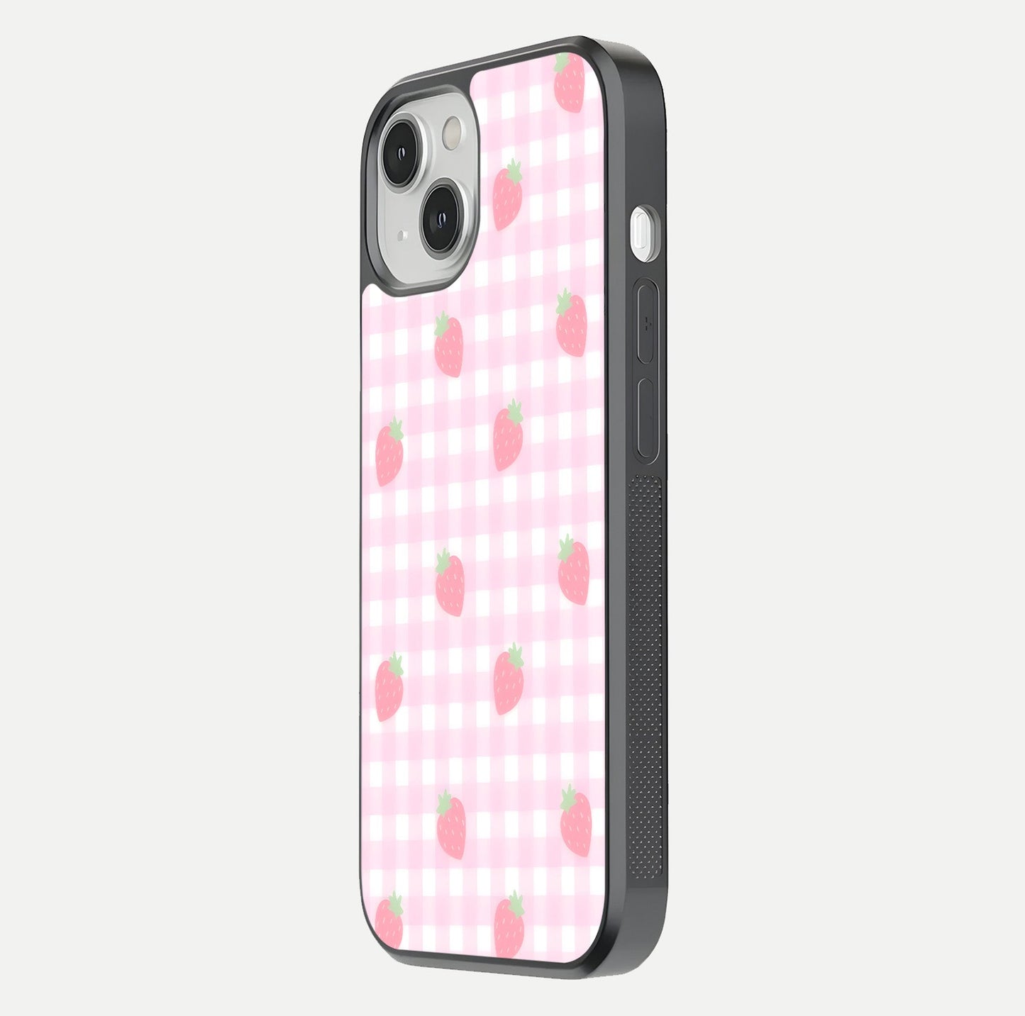Strawberry Picnic Love iPhone 13 glass phone case side profile view focusing on smooth frame and seamless wrap